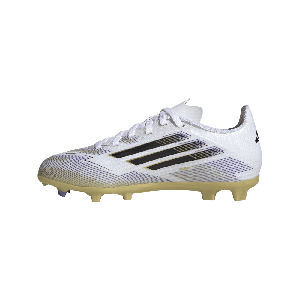 Adidas F50 League FG/MG Junior Football Cleats for Kids - White/Black/Metallic Gold Soccer Shoes | Perfect for Youth Training & Matches on Firm Ground & Artificial Turf