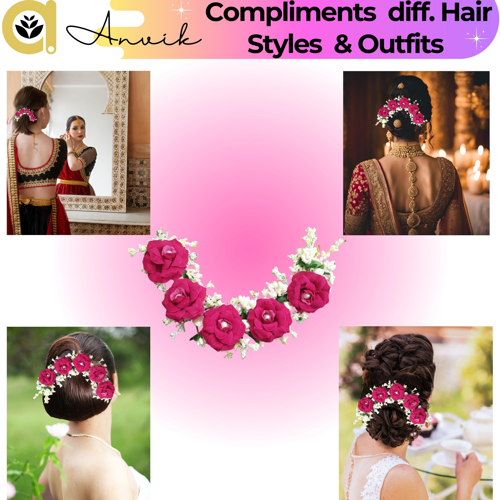 ANVIK Artificial Rose Flower Hair Bun Gajra - Bridal Wedding Hair Accessory for Women (Rani Pink) | Perfect for Bridal Parties, Weddings, and Special Occasions