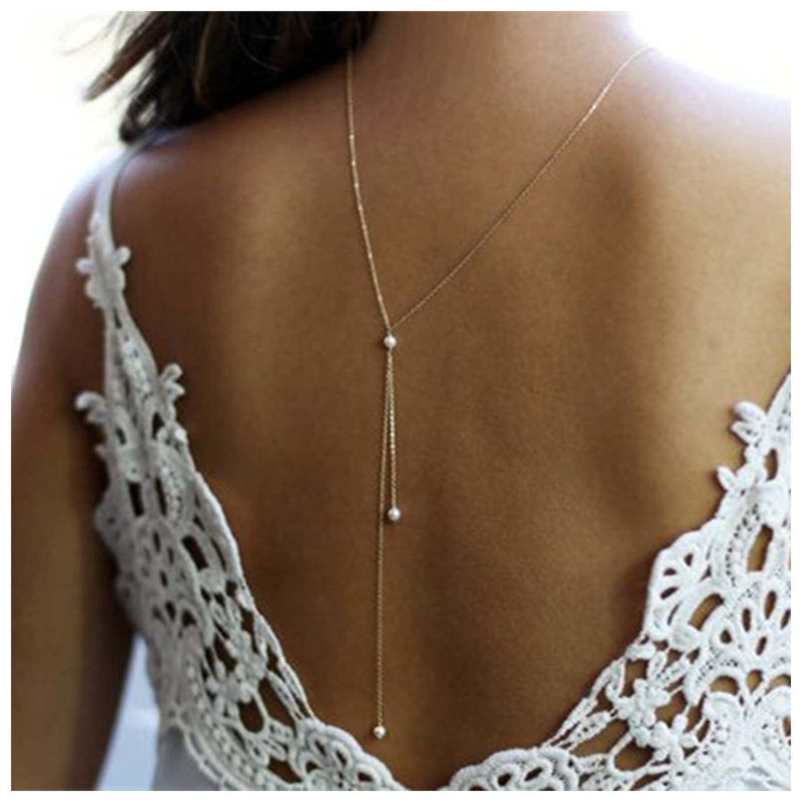Boho Pearl Back Chain Necklace - Silver Layered Body Jewelry for Women | Bridal, Beach, Summer Fashion Accessory | Elegant Pearl Drop Necklace for Weddings, Parties & Vacations