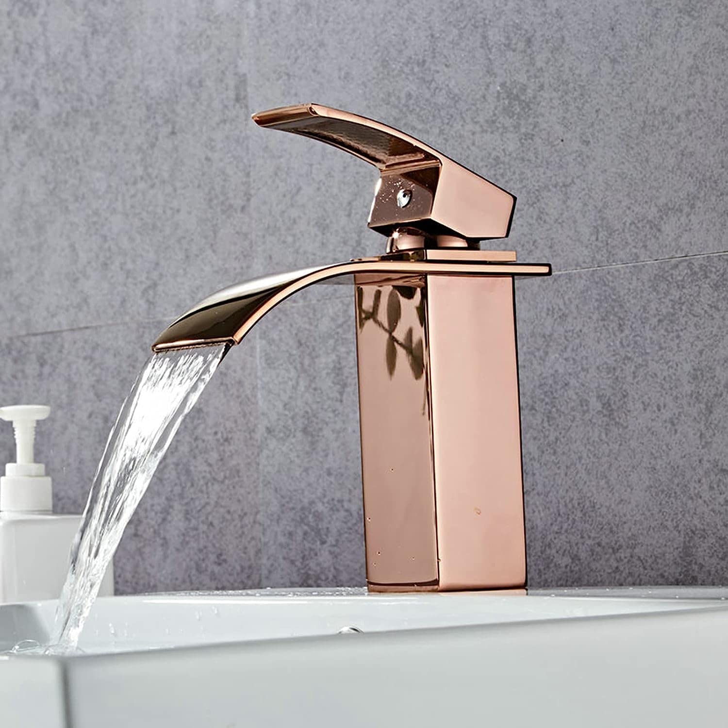 DEKIKA Single Hole Bathroom Sink Faucet - Wide Mouth Waterfall Basin Faucet with Single Handle Hot and Cold Water Mixer - Brass Washbasin Faucet in Rose Gold - Perfect for Modern Vanities, Powder Rooms, and Luxury Bathrooms