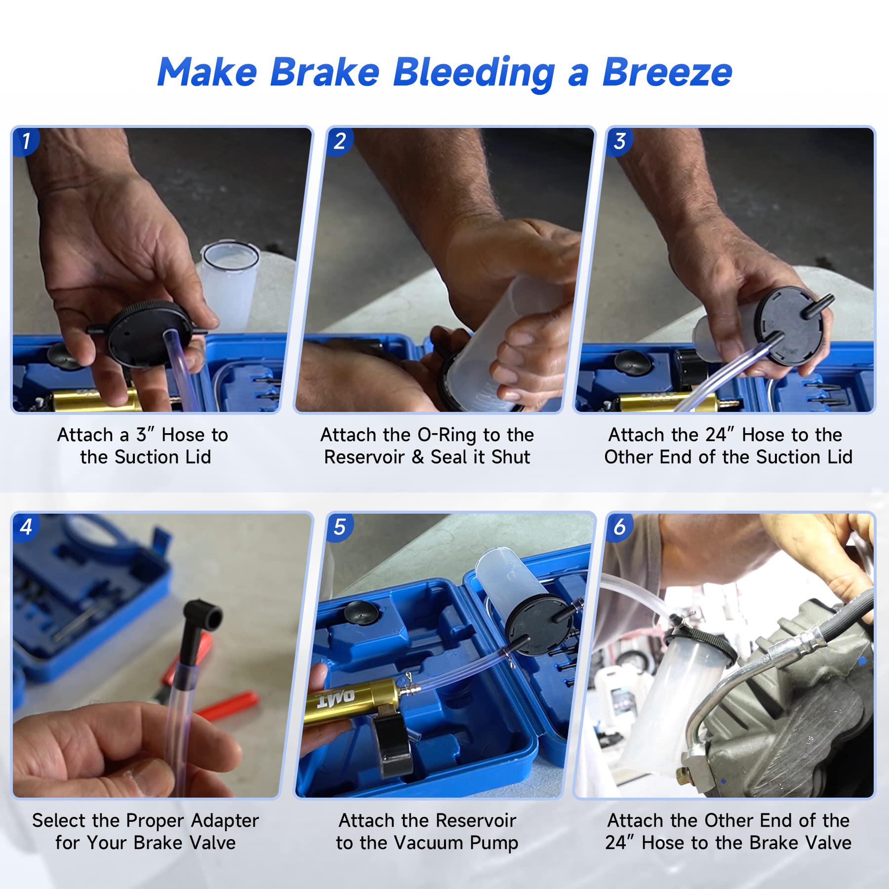 Orion Motor Tech 2-in-1 Brake Caliper Compression Tool & Brake Bleeder Kit - Handheld Vacuum Pump Brake Bleeder Set with Thrust Bolt Retaining Plates & 18 Adapters - Professional Disc Brake Pad Service Tool for Car, Truck & Motorcycle Maintenance