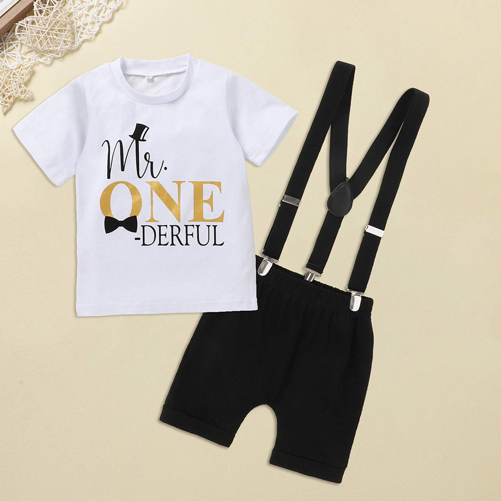 Baby Boys & Girls Casual Outfits - Infant T-Shirt & Suspenders Set with Letter Print, Comfortable Trousers (White, 12-18 Months) - Perfect for Playdates, Family Photos & Everyday Wear