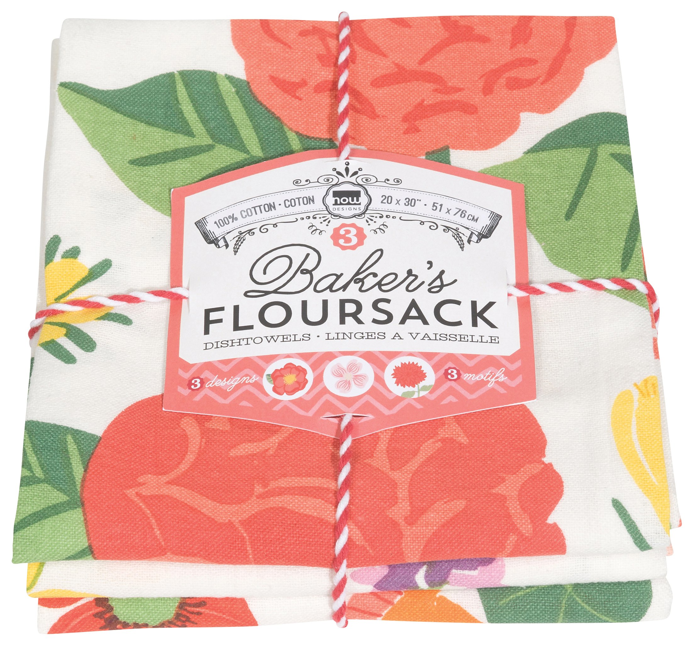 Now Designs Floursack Kitchen Towels - Quick Dry Cotton Hand Towel Set (3-Pack, 20