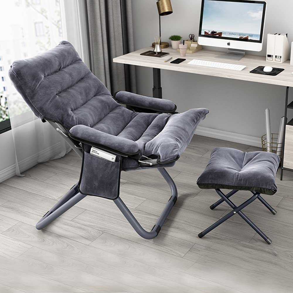Modern Lazy Chair with Ottoman - Foldable Reclining Lounge Chair with Armrests & Side Pocket - Comfortable Leisure Sofa for Bedroom, Living Room, Office - Perfect for Relaxing, Reading & Napping (Grey)