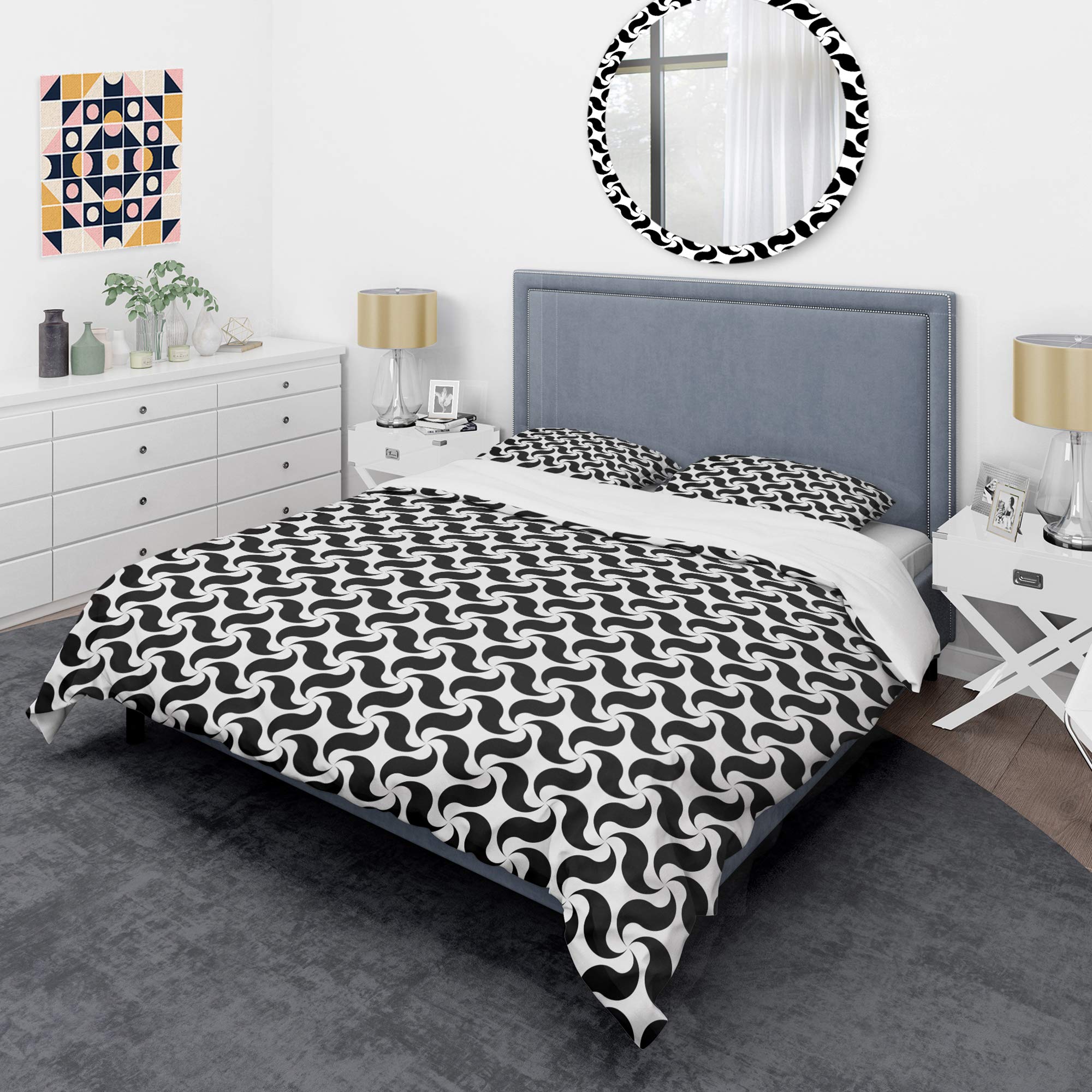 Stylish Monochrome Geometric Pattern Mid-Century Modern Duvet Cover Set | Queen/King Size | 100% Cotton Bedding | Perfect for Contemporary & Boho Chic Bedrooms