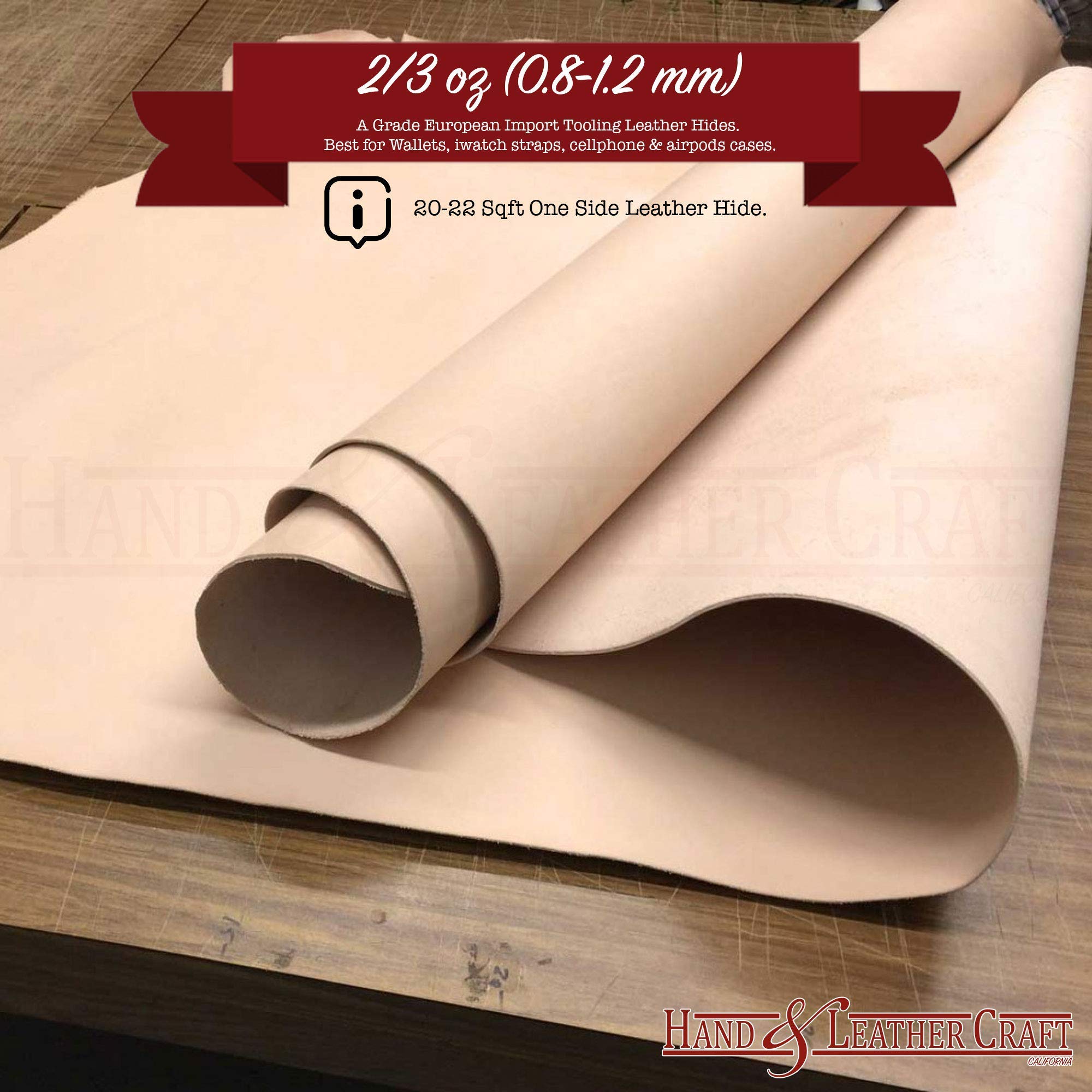 Premium 2/3oz (0.8-1.2mm) A-Grade Vegetable Tanned Leather Hide - Full Grain Thin Leather for Wallets, Belts & DIY Crafting - Perfect for Leatherworking, Bookbinding & Handmade Accessories