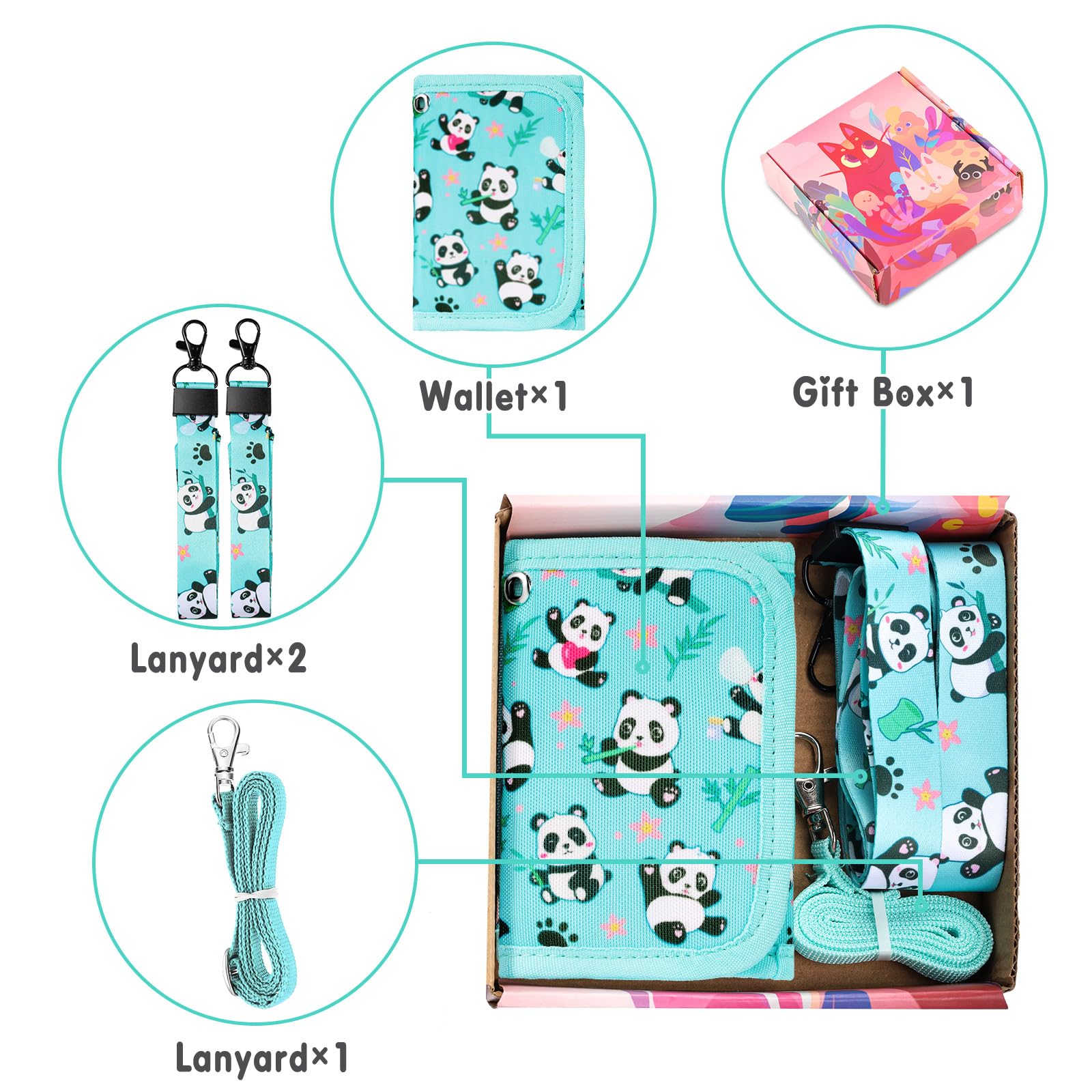 Cute Panda Kids Wallet for Girls Ages 4-10 - Small Toddler Wallet with Adjustable Lanyard (Green Teal) - Perfect for School, Travel & Birthday Gifts