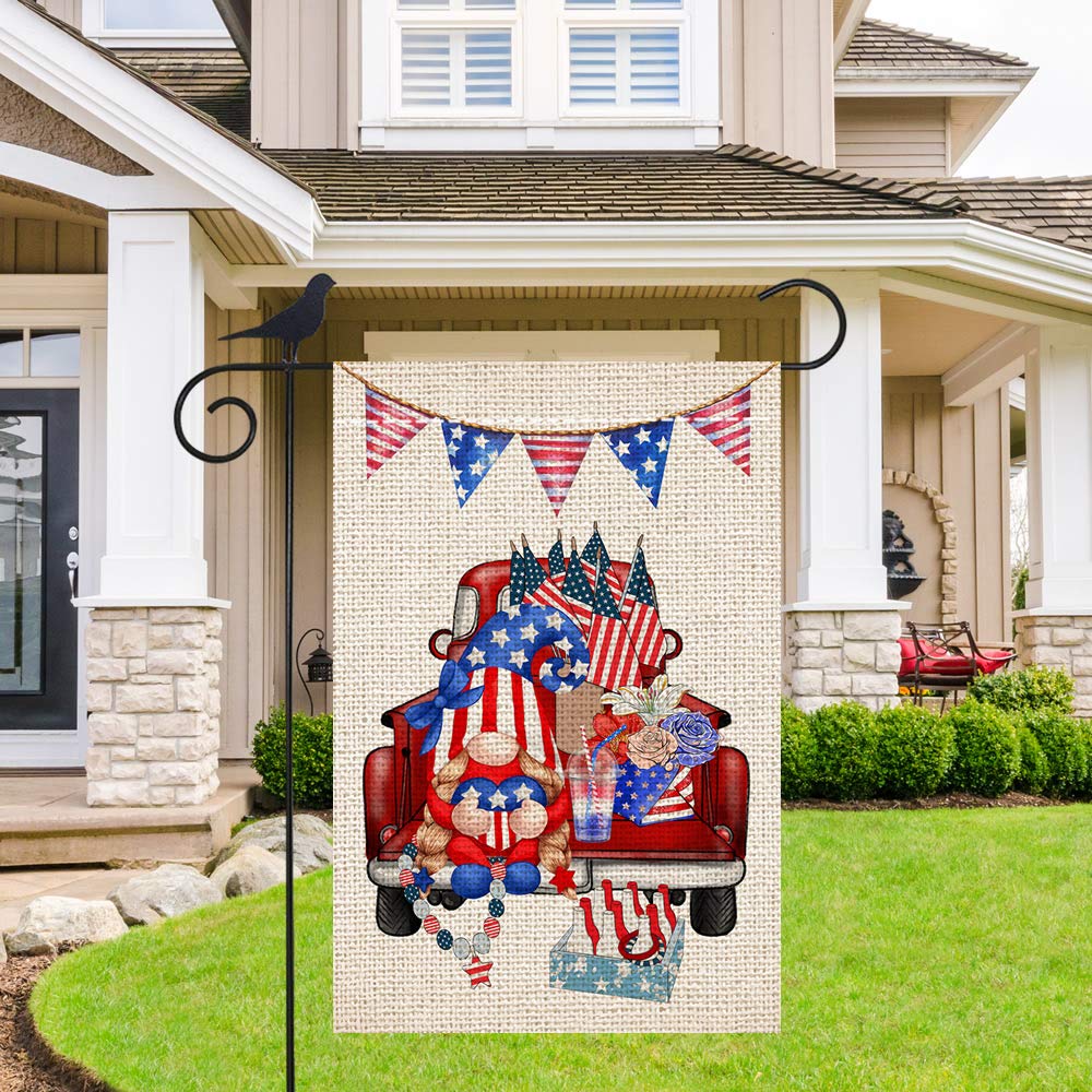 Premium Double-Sided American Gnome Red Truck Welcome Burlap Garden Flag - 12