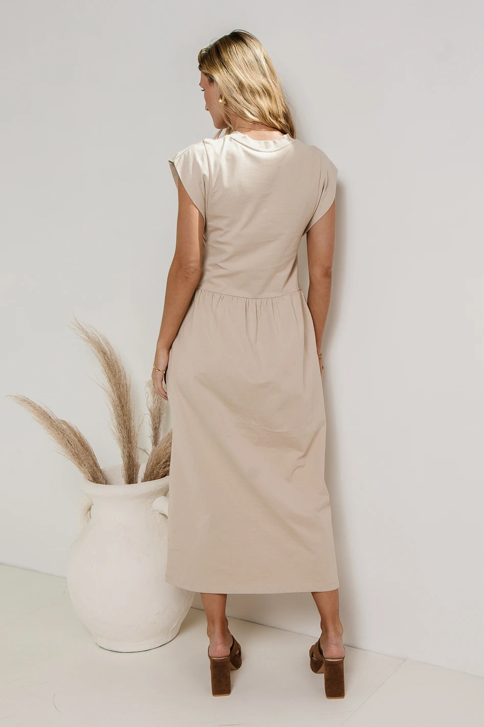 Louie Beige Midi Dress for Women - Elegant & Comfortable FINAL SALE | Perfect for Office, Date Night & Special Occasions