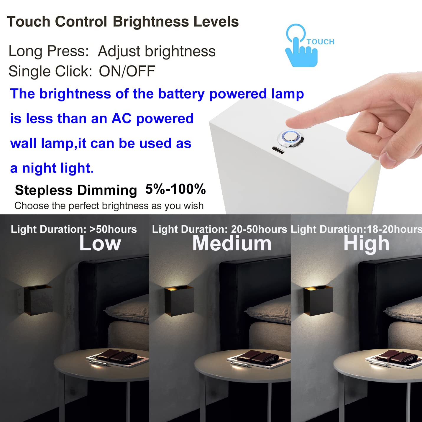 ZYI Rechargeable LED Wall Sconce Light - Touch Control, USB Powered Cordless Bedside Lamp for Bedroom, Nursery, Hallway & Staircase - Warm White 3000K (2 Pack, Black) | Perfect for Night Reading, Kids' Room Safety & Ambient Lighting