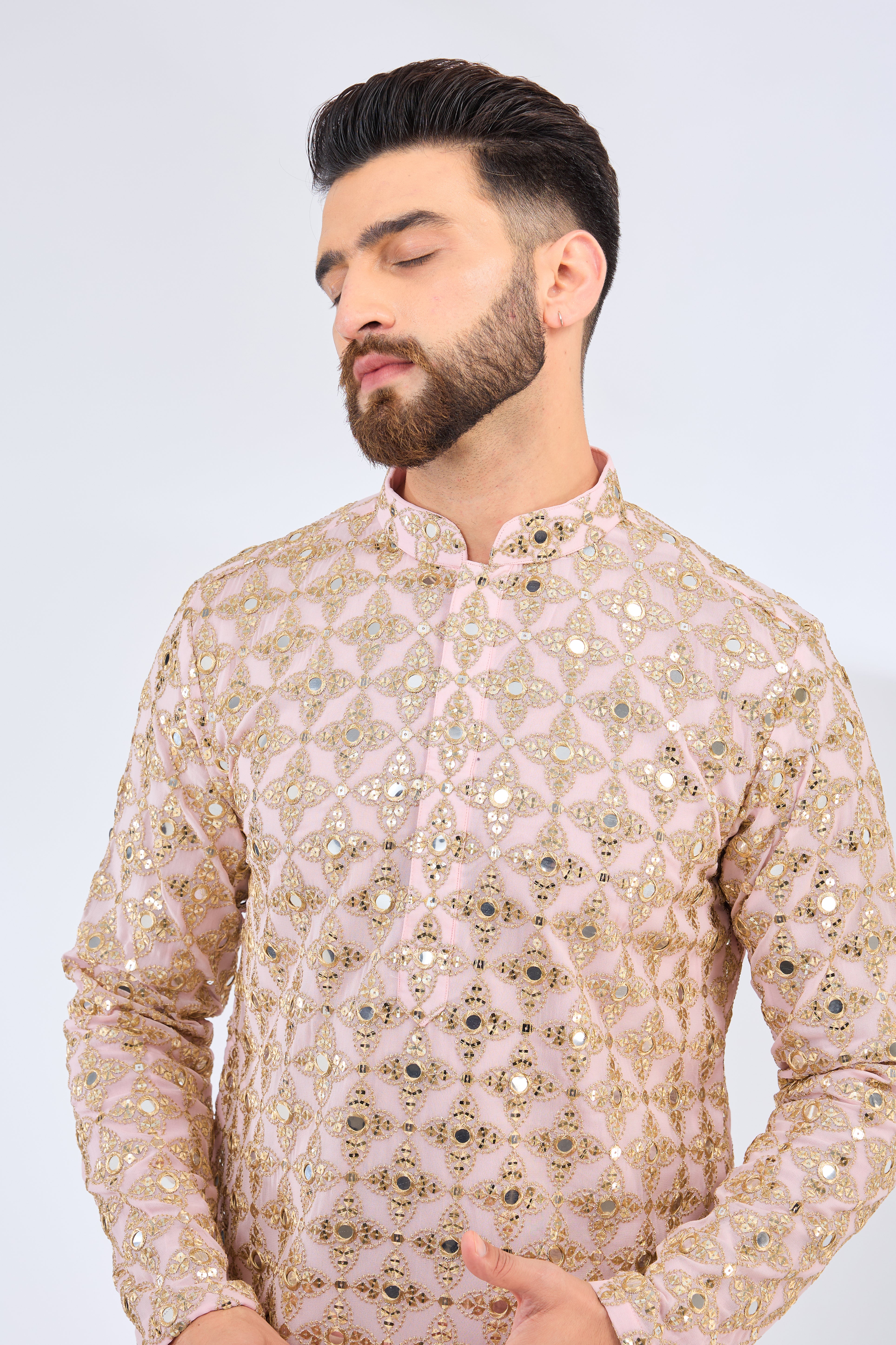 Elegant Pink Mirror Work Kurta with Zari Embroidery - Traditional Indian Ethnic Wear for Women, Perfect for Festivals, Weddings & Special Occasions