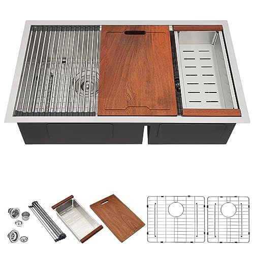 Lordear 30 Inch Undermount Double Bowl Kitchen Sink - 16 Gauge Stainless Steel 60/40 Low Divide Design with Ledge Workstation & Accessories - Perfect for Food Prep, Dishwashing & Modern Kitchen Renovations