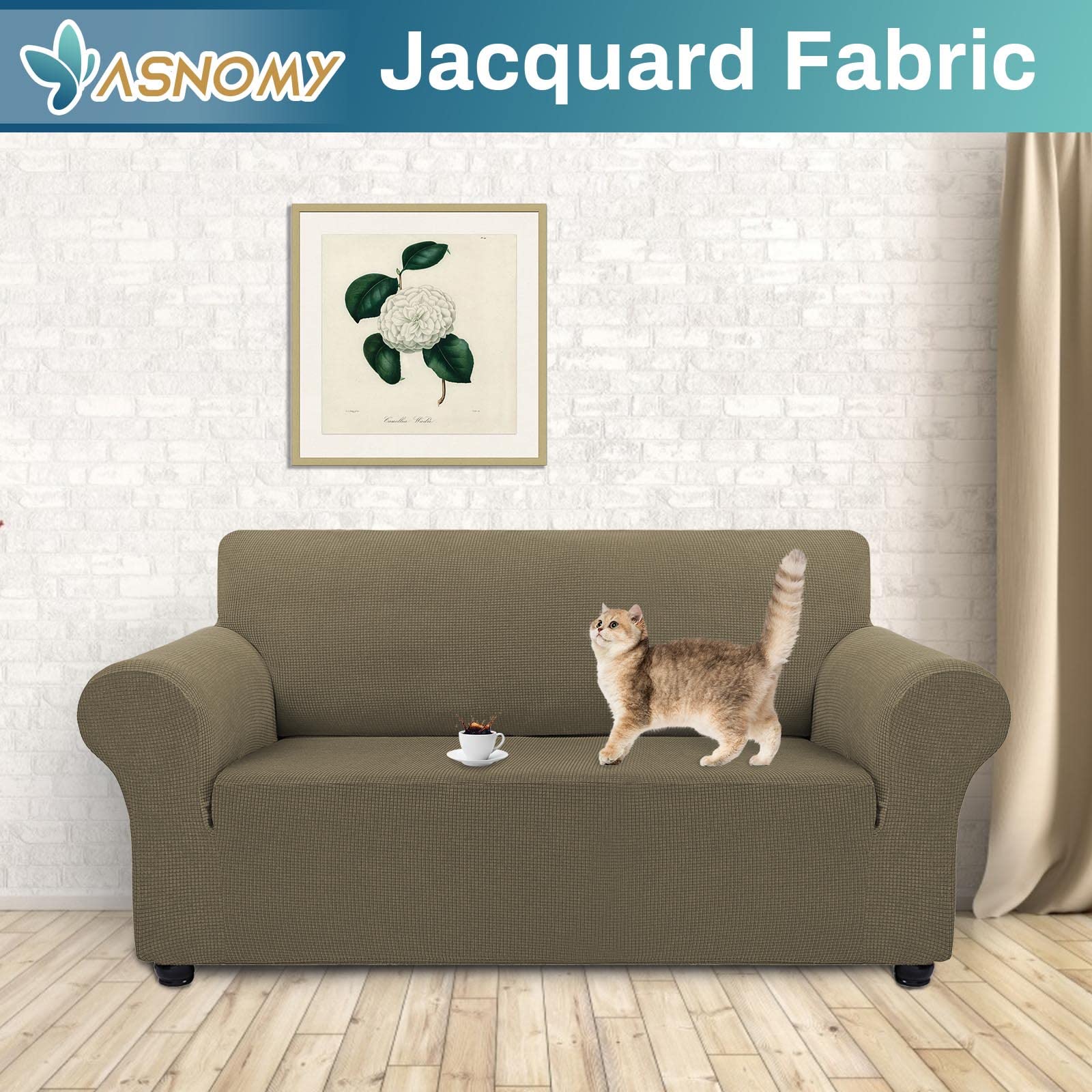 Stretchable 2-Cushion Loveseat Sofa Slipcover - Pet-Friendly Jacquard Spandex Fabric with Small Checks (Medium, Khaki) | Perfect for Living Room, Apartment & Pet Protection