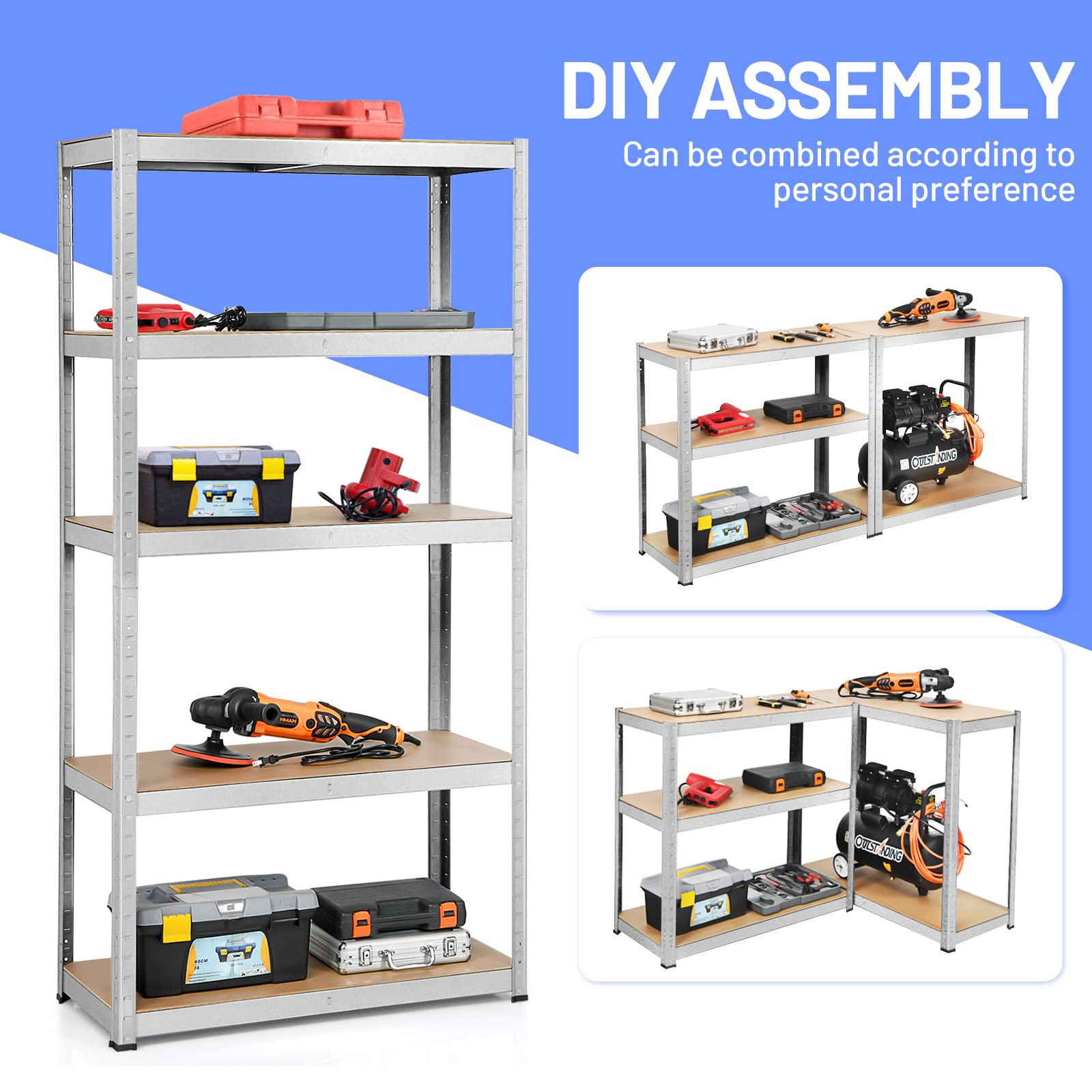 ERGOMASTER 5-Tier Heavy Duty Steel Shelving Unit - 72 x 16 x 72 Inch Bolt-Free Storage Rack (2 Pack, Silver) for Garage, Kitchen, Office Organization - Perfect for Storing Books, Tools, Kitchenware & Home Supplies