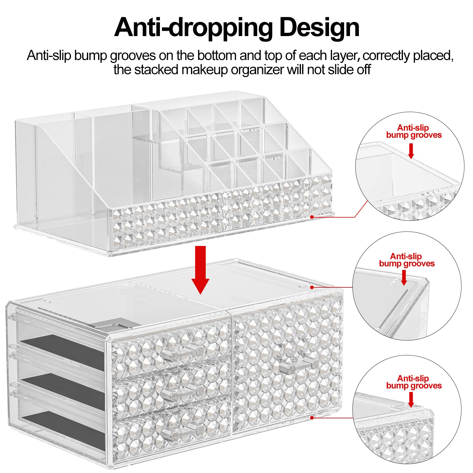 3 Pack Stackable Acrylic Makeup Organizer with 8 Drawers - Upgraded Cosmetic Storage Case for Brushes, Perfume & Jewelry Display - Perfect for Vanity, Bathroom Countertop & Bedroom Organization (Plus Size)