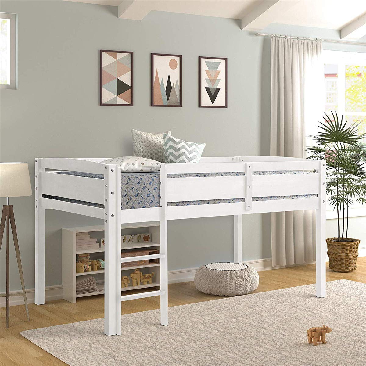 **Kids Wood Loft Bed with Ladder & Guard Rail - Twin Size Low Loft Bed Frame, No Box Spring Needed (White) - Perfect for Small Bedrooms, Dorms, and Playrooms**