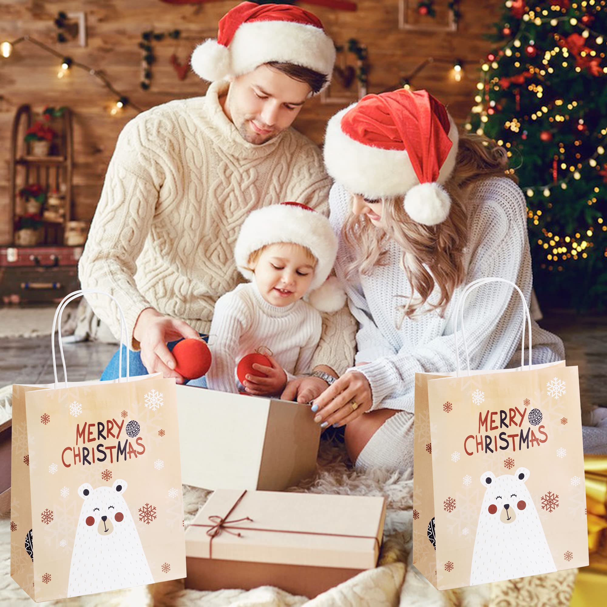 ILEBYGO 24 PCS Christmas Gift Bags - Large Kraft Paper Gift Bags with Handles, Assorted Holiday Designs for Xmas Party, School & Classroom Supplies - Perfect for Holiday Gifts, Stocking Stuffers & Teacher Appreciation
