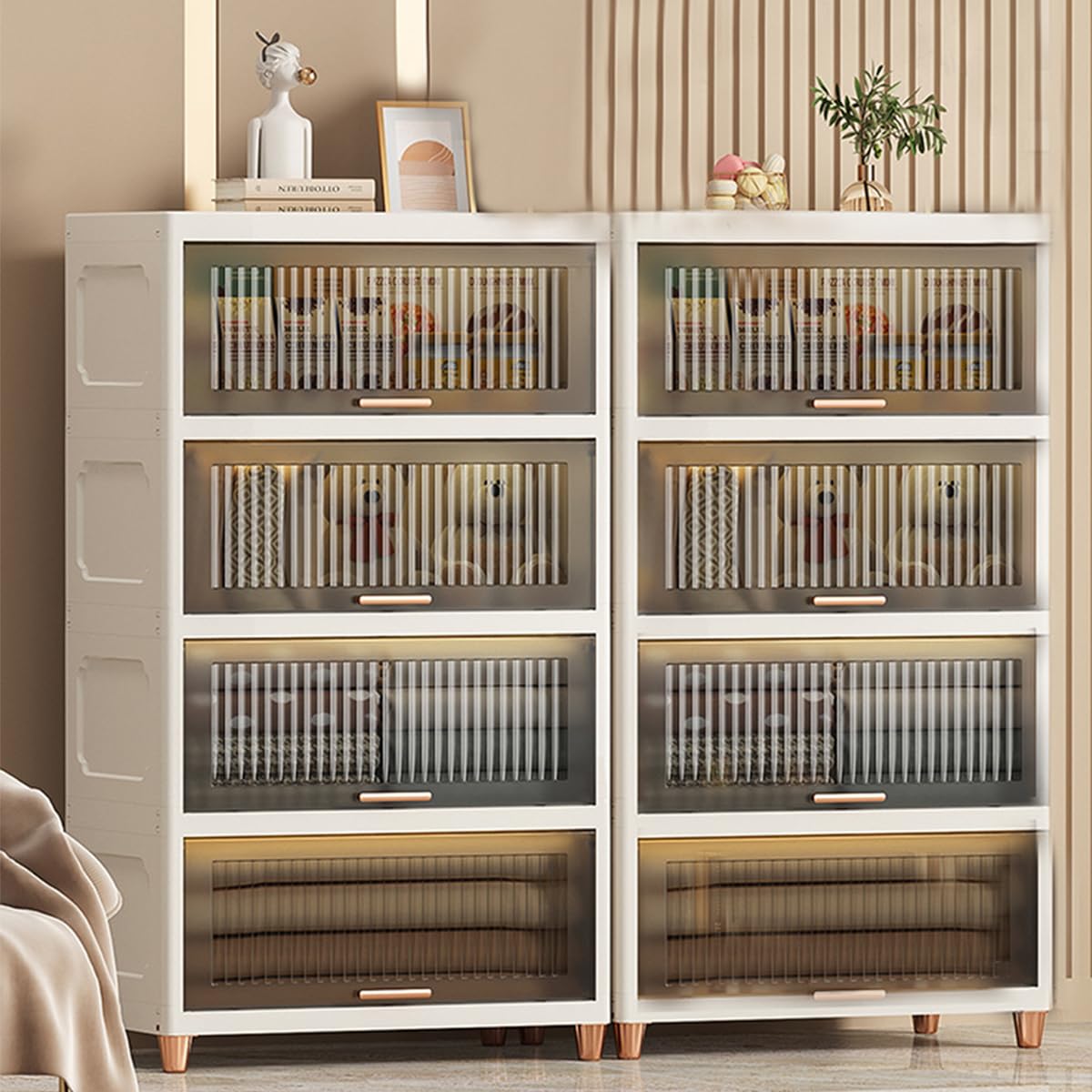 Clear Plastic Storage Bins with 4 Drawers - Flip Open Organizer Tower for Home & Office, 25.6