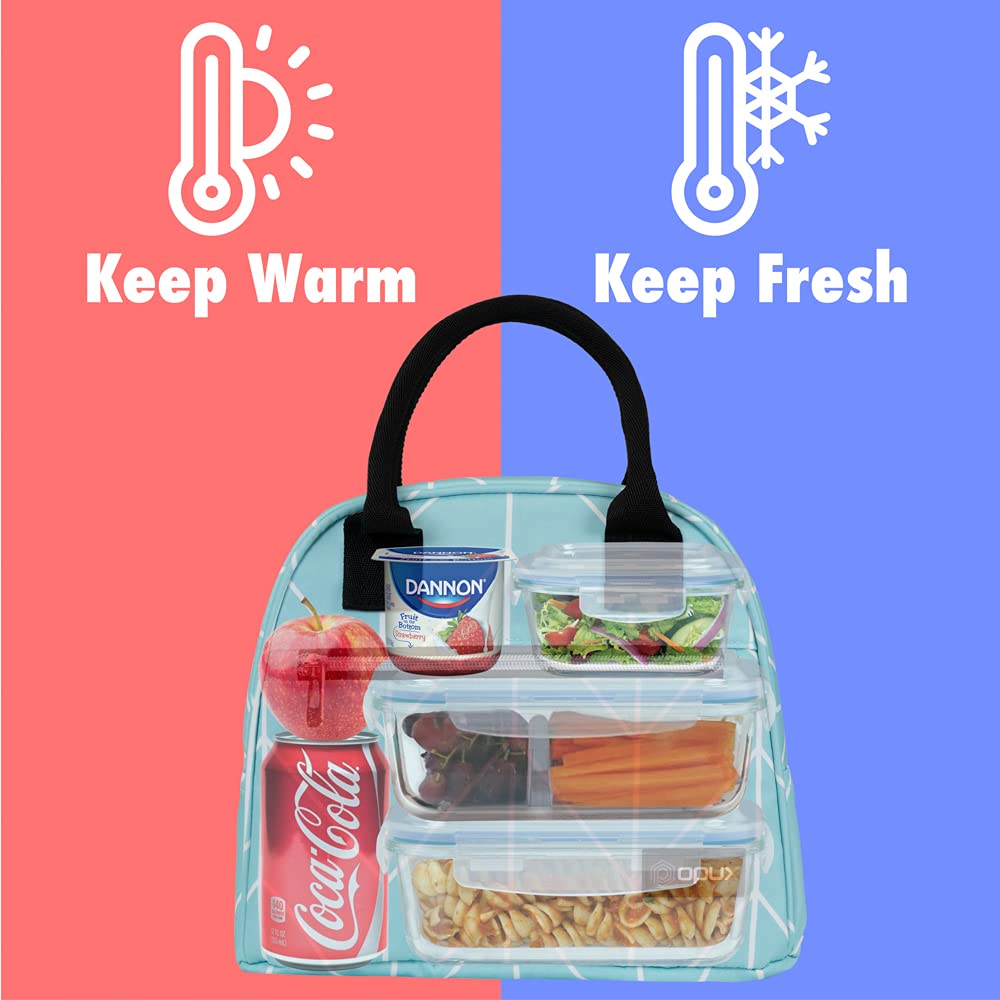 Opux Insulated Lunch Box for Women, Kids & Teens - Reusable Thermal Lunch Bag Tote for Work, School & Travel - Cute Soft Cooler Container for Meal Prep - Perfect for Office, Beach & Outdoor Activities - Teal Chevron Design