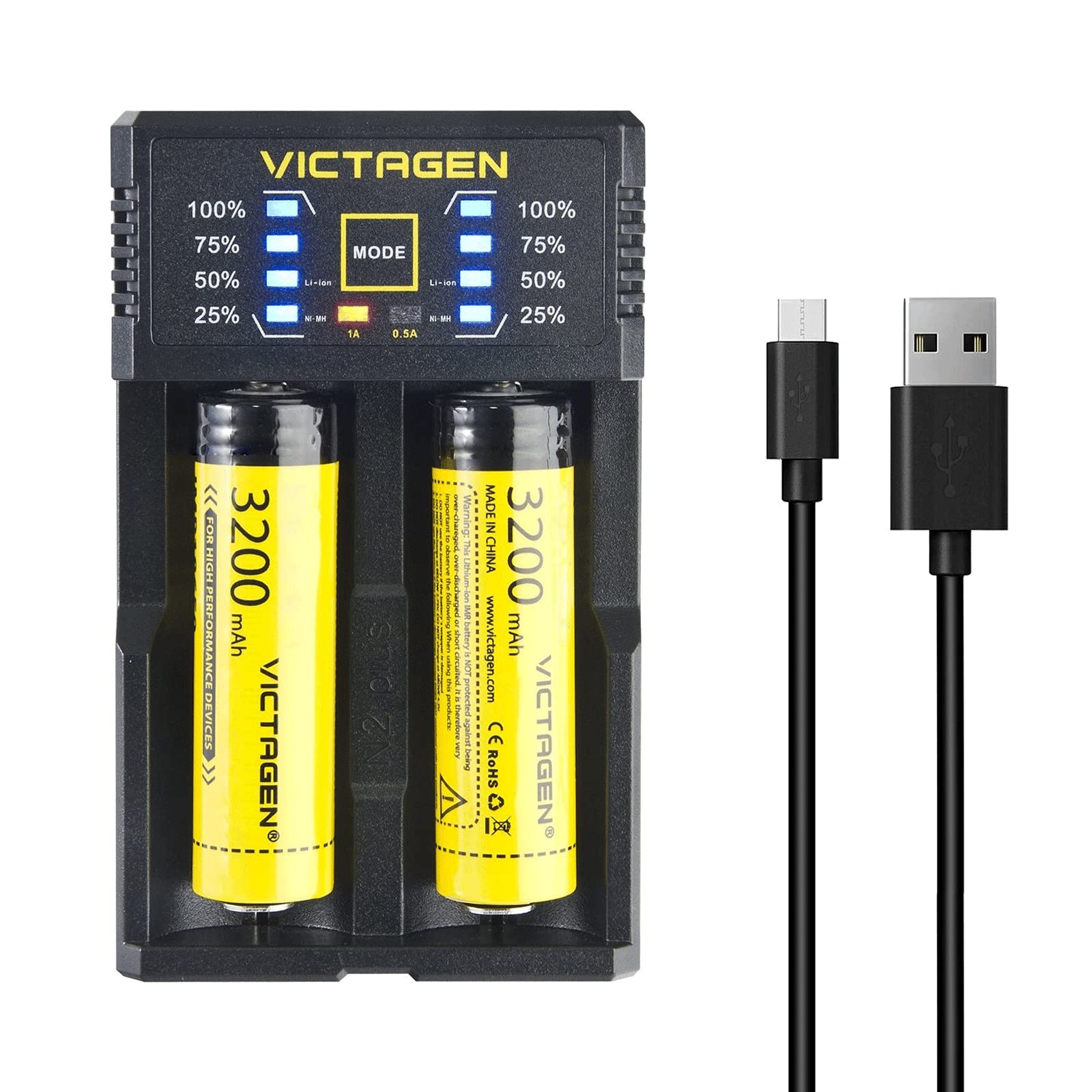 Victagen Universal Smart Charger - Fast Charging for 18650, 14500, 10440 Lithium Batteries & Ni-MH/Ni-Cd Batteries | Includes 2 Free 18650 Li Batteries | Perfect for Flashlights, Vape Mods, and Electronic Devices