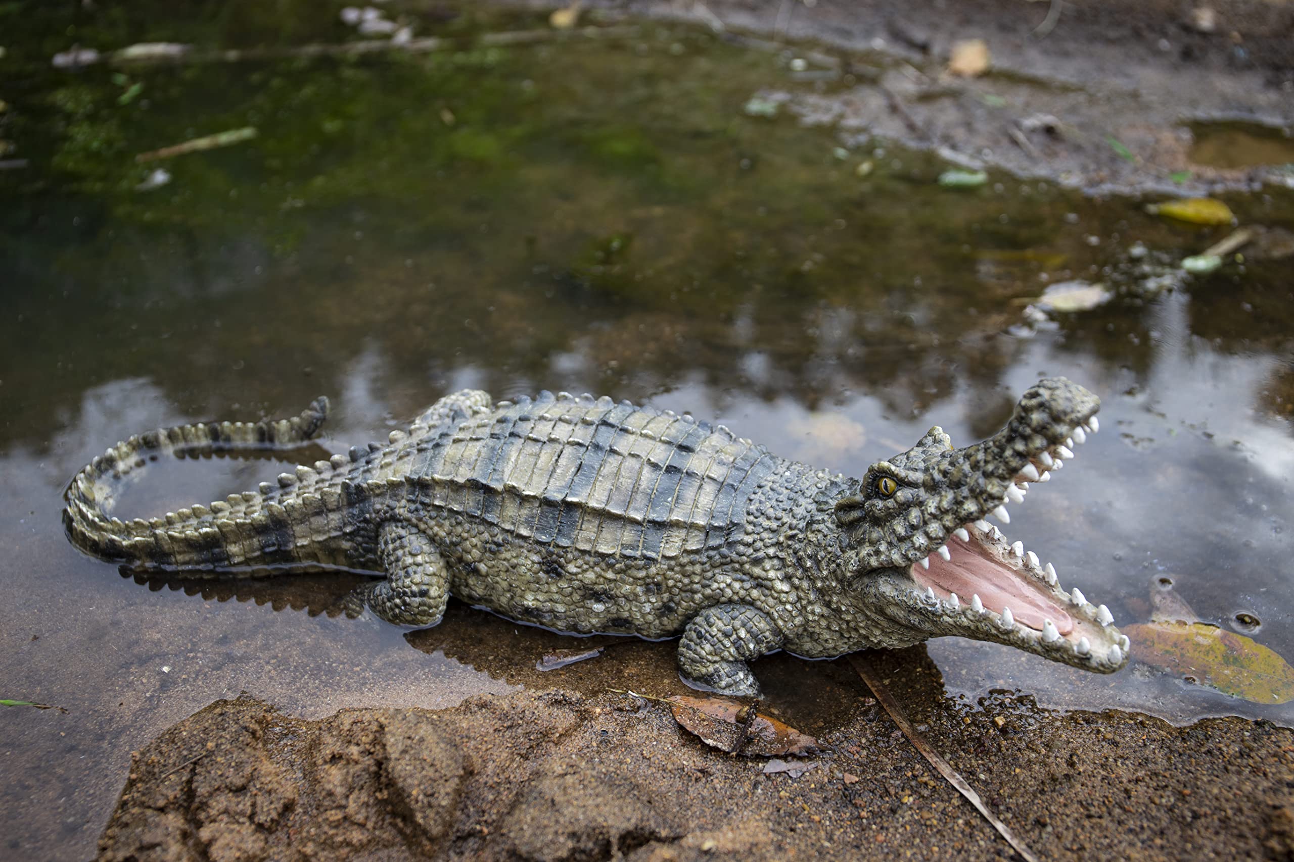 Realistic Crocodile Statue - Open Mouth Green & Black Crocodile Figurine for Home Decor, Office Desk, or Garden Display