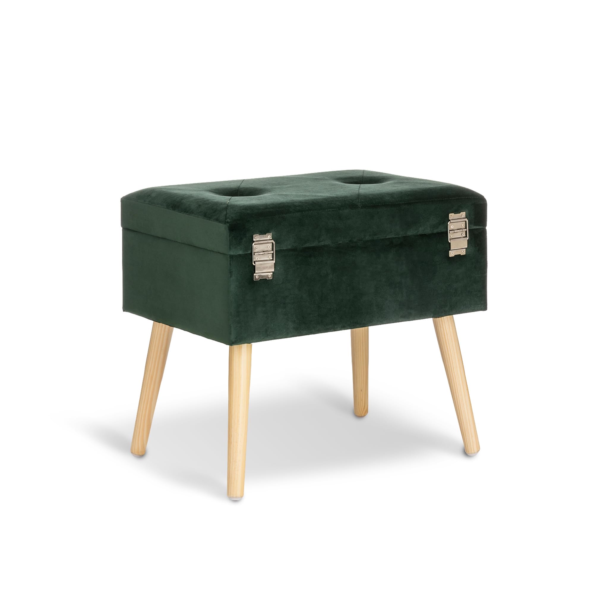 Glitzhome Velvet Storage Footstool - Upholstered Ottoman with Button Tufting & Wood Legs, Vanity Footrest Seat Stool for Living Room, Bedroom, Bedside - Dark Green | Perfect Makeup Stool, Decorative Suitcase Design for Home Décor & Comfort
