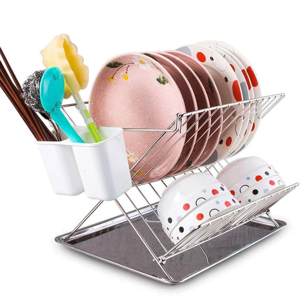 Stainless Steel Dish Drying Rack with Utensil Holder & Cup Holder - Space Saving Kitchen Countertop Drainer - Perfect for Small Apartments, RVs, and Compact Kitchens
