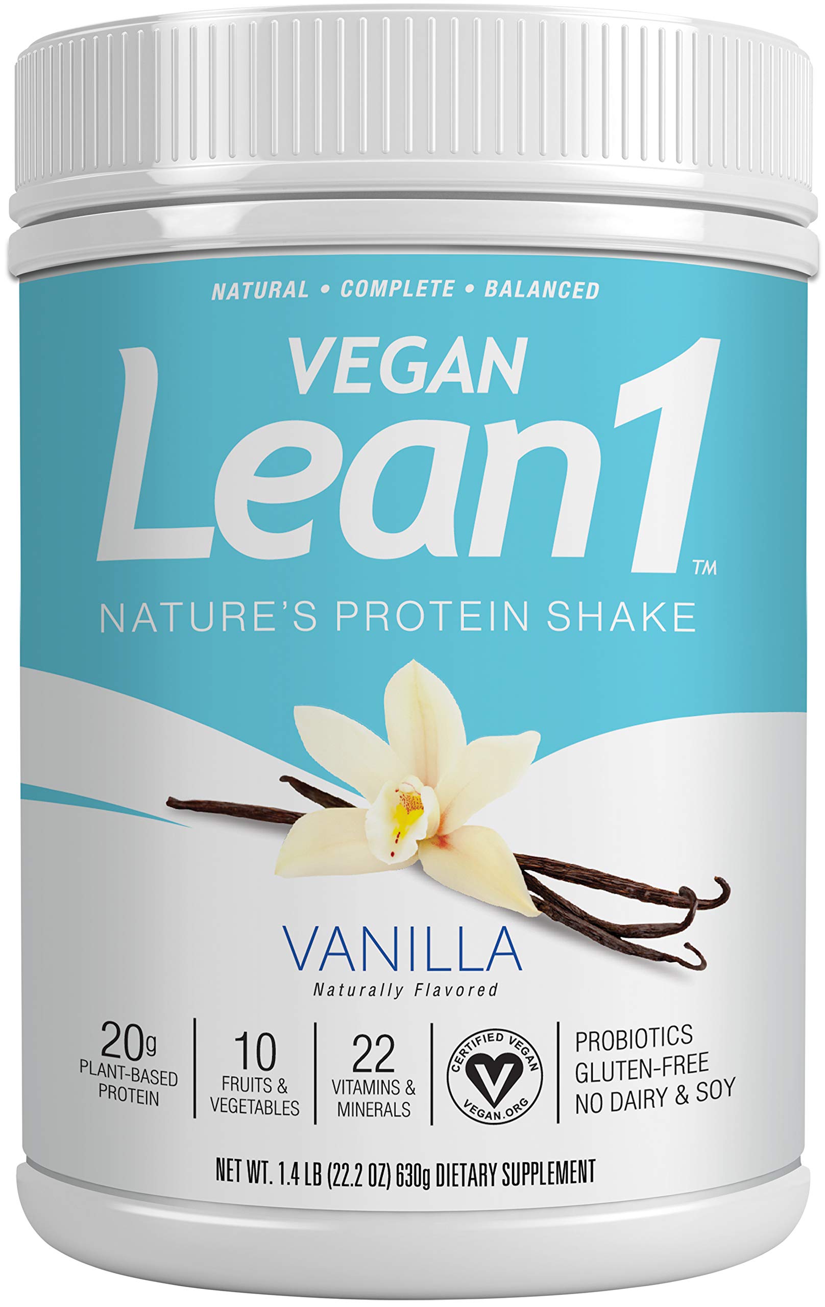 Lean1 Vegan Natural Protein Shake Powder - Plant-Based Vanilla Flavor (1.5 lb) | Dairy-Free Meal Replacement for Weight Loss & Muscle Recovery | Perfect for Post-Workout, Breakfast Smoothies & Healthy Snacks