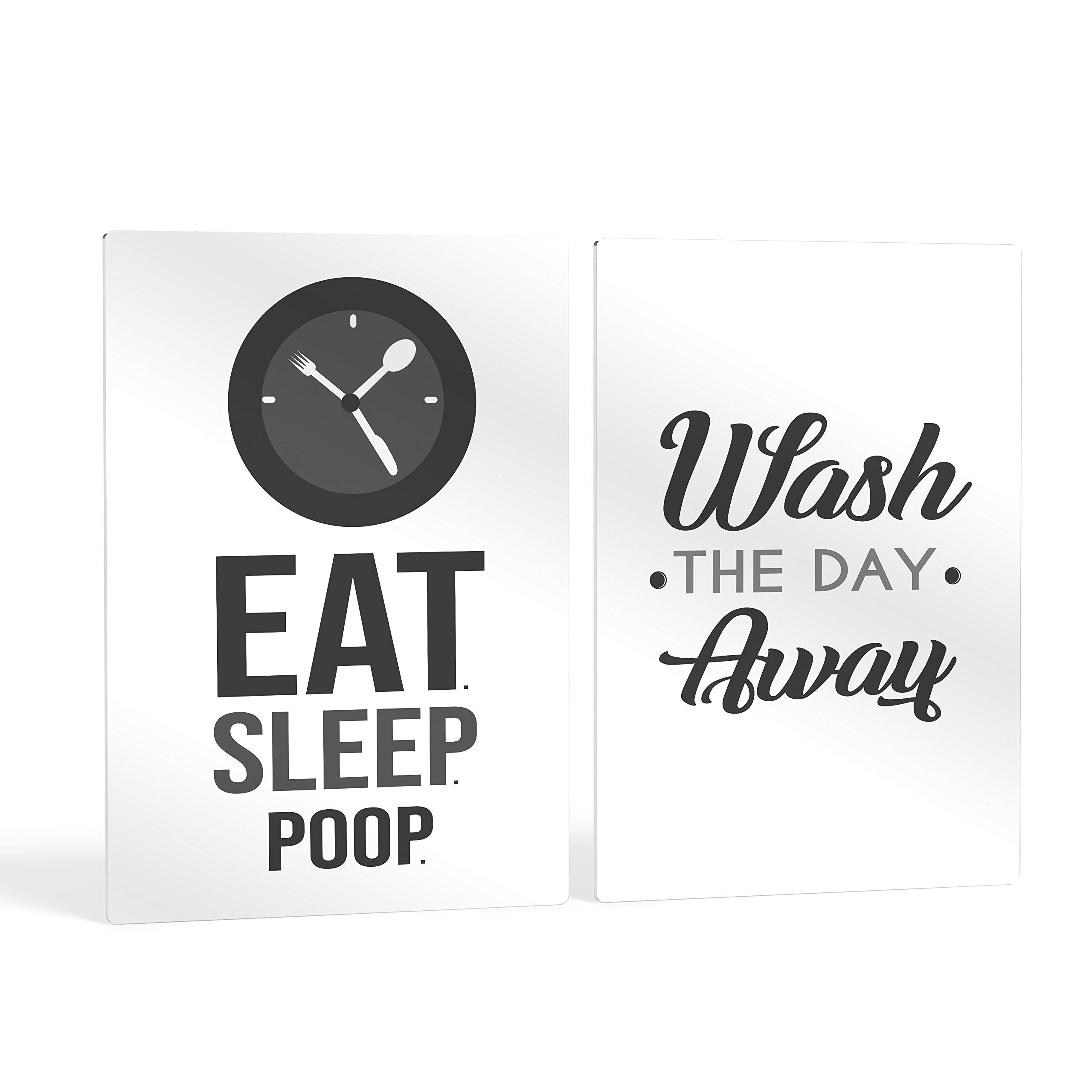 HB Art Design 'Eat Sleep Poop Wash The Day Away' Funny Quote 2-Panel Metal Print Set - Farmhouse Bathroom Wall Art Decor, Toilet Sign Gift (17x11 Inches, Set of 2) - Perfect for Bathroom, Powder Room, or Laundry Room Humorous Decor
