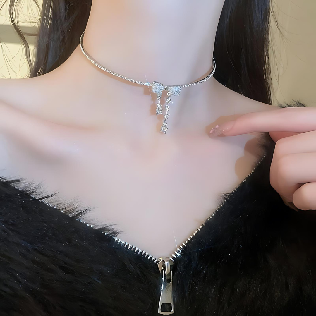 Elegant Feminine Ribbon Bowknot Tassel Choker Necklace for Women | HN2968 | Perfect for Parties, Weddings, and Special Occasions