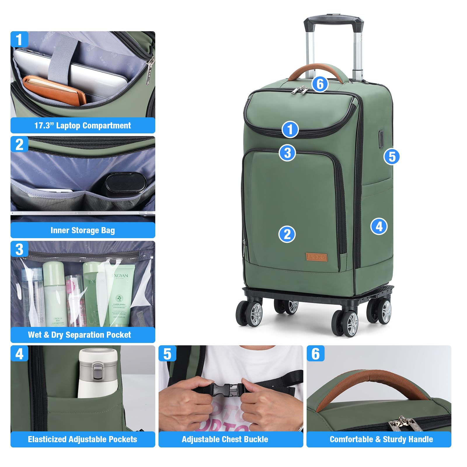 **18 Inch Waterproof Rolling Backpack with 360° Wheels – Airline Approved Convertible Travel Backpack for 15.6