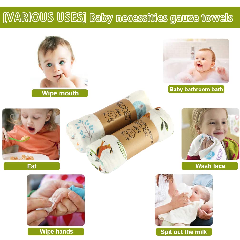 ALBOYI 2 Pack Organic Cotton Baby Muslin Washcloths - Soft & Absorbent 120cm x 110cm Newborn Bath Towels with Cute Animal Prints | Reusable Baby Shower Gift, Gentle for Infant Skin | Perfect for Bath Time, Diaper Changes & Swaddling