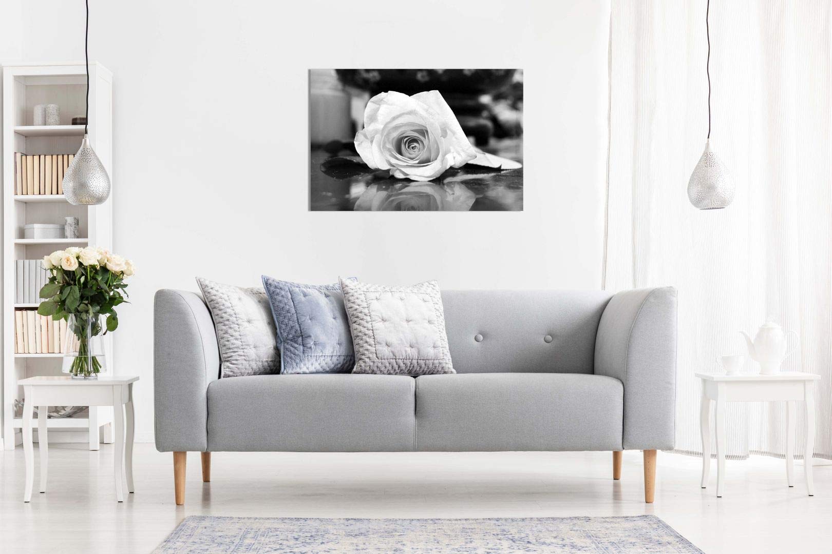 Black and White Rose Canvas Wall Art Print - 24x16 Inches - Modern Floral Home Decor for Living Room, Bedroom & Office