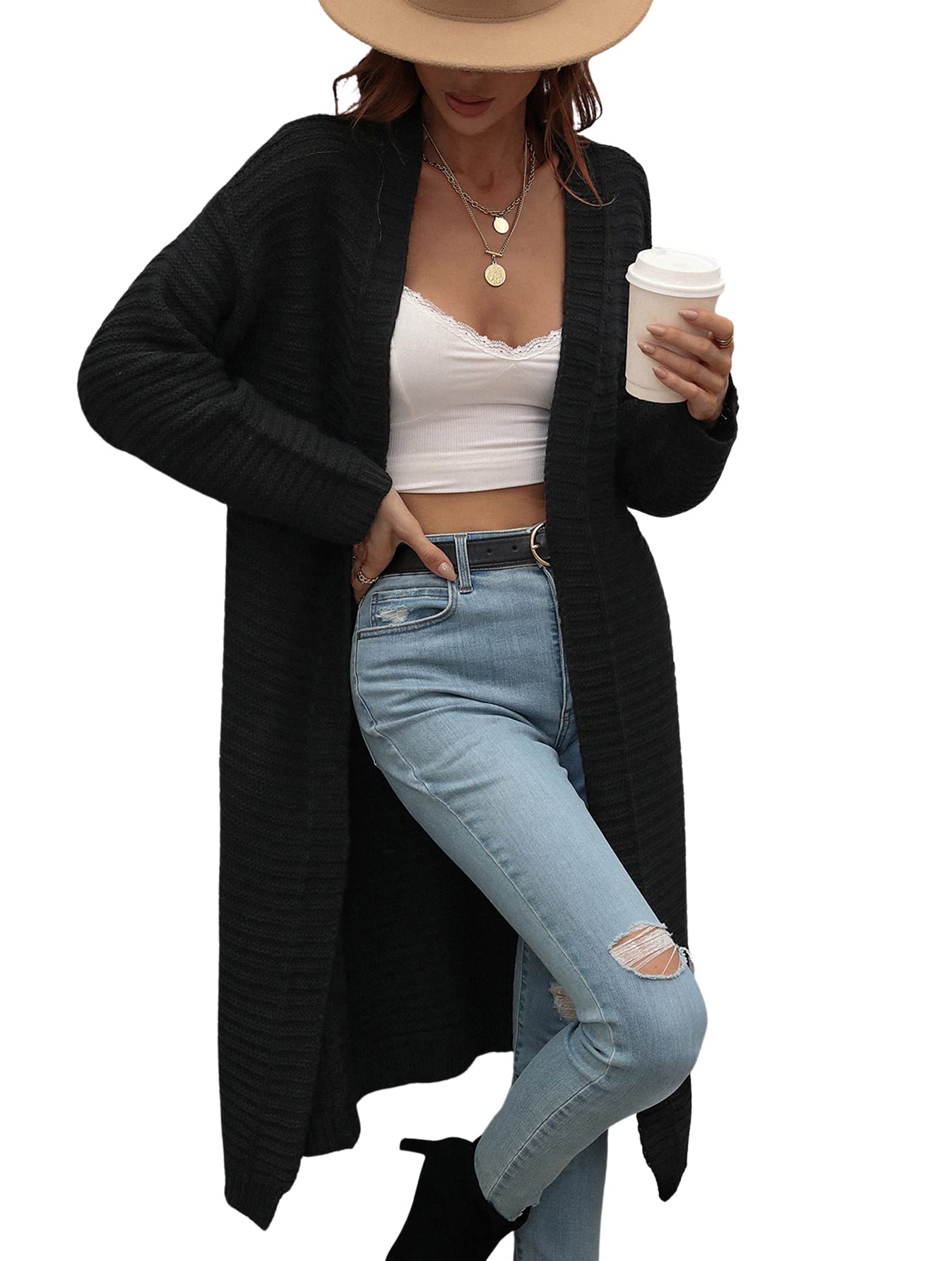 CHARTOU Women's Lightweight Long Waffle Knit Shawl Collar Open Front Duster Cardigan Sweater - Cozy Fall & Winter Layering Piece for Office, Travel and Casual Outfits