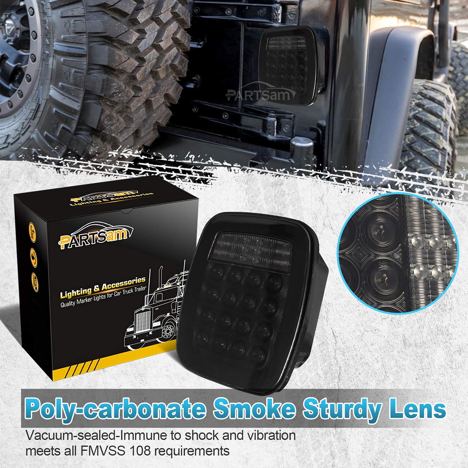 Partsam LED Light Kit for Jeep Wrangler TJ - Smoke Lens Square Tail Lights & Amber Front Fender Marker Lights Replacement Pair | Off-Road, Night Driving & Custom Jeep Accessories