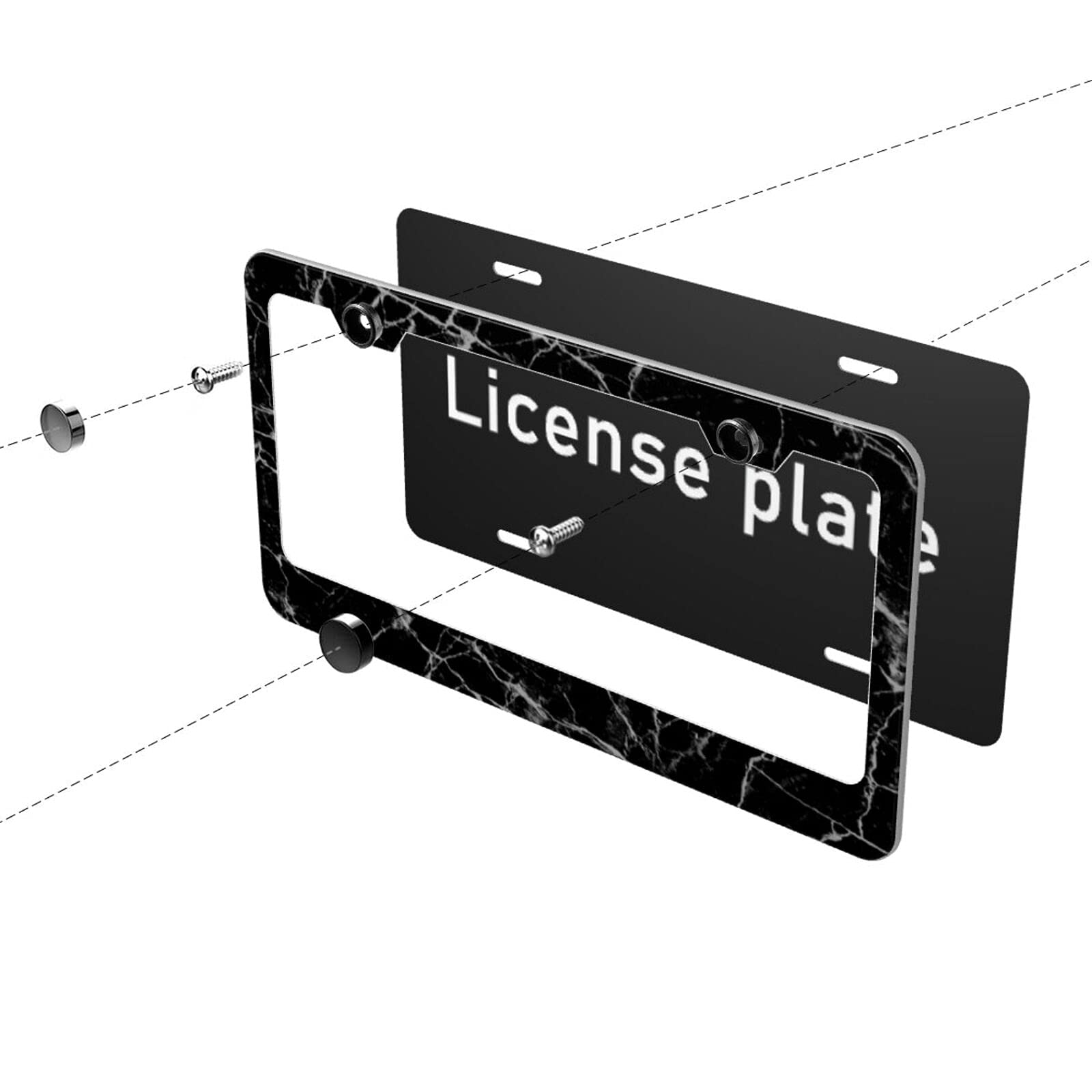 Premium Black & White Marble Matte Aluminum License Plate Frame with Black Screw Caps - 2 Pack (2 Holes) - Durable Car License Plate Cover Holder for US Vehicles - Perfect Gift for Men & Women - Ideal for Cars, Trucks, SUVs & Motorcycles