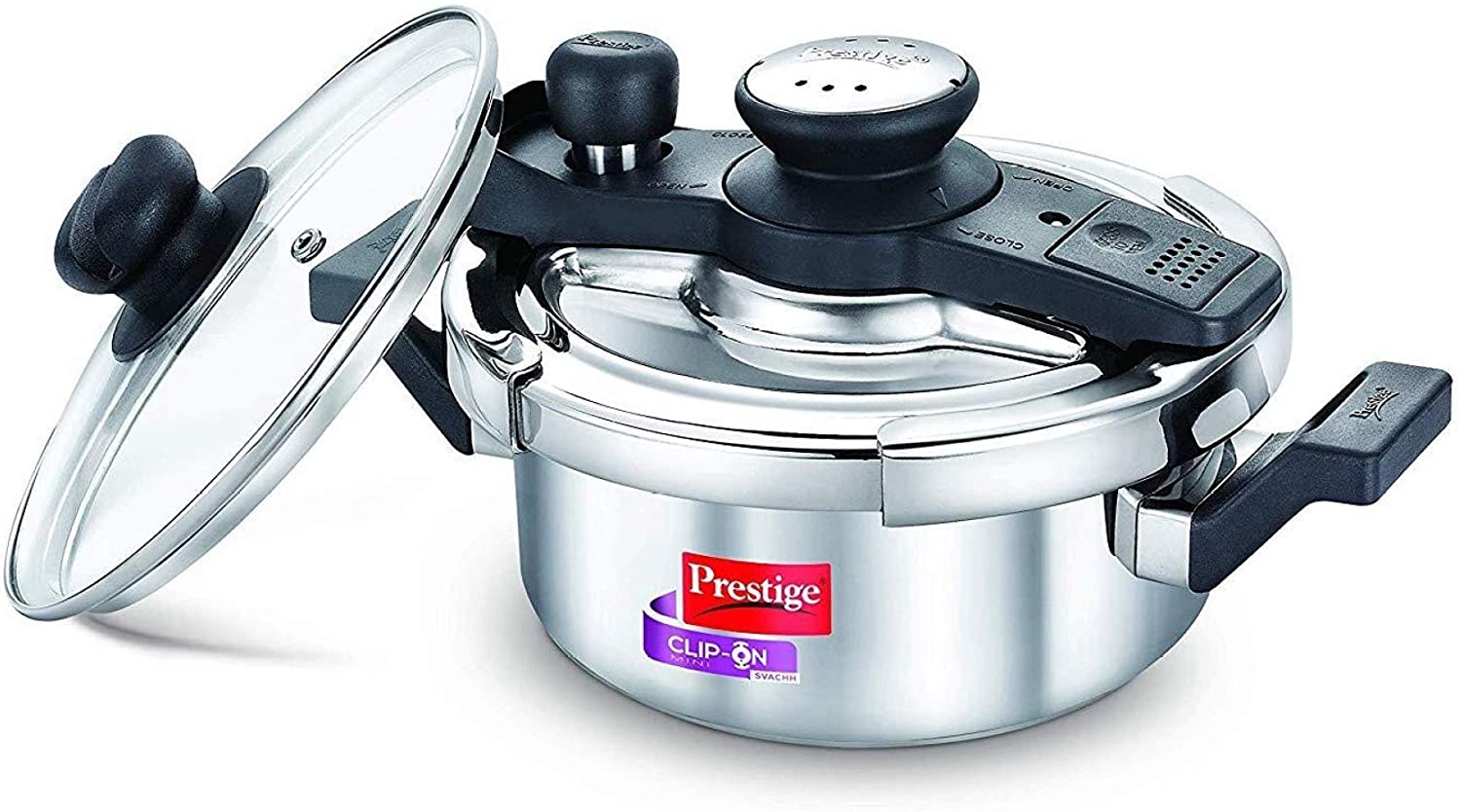 Prestige Svachh Clip On 2 Liter Stainless Steel Pressure Cooker with Glass Lid - Fast & Safe Cooking for Indian, Asian & American Cuisine | Perfect for Rice, Beans, Soups & Stews