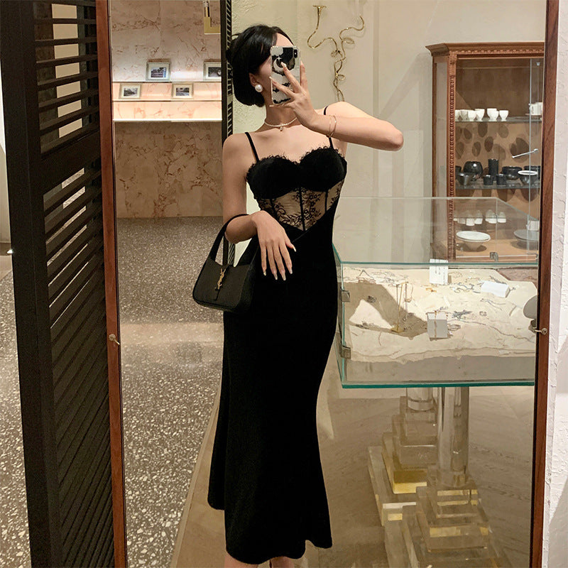 Elegant French Retro Lace Dress - Sexy Black Mermaid Maxi Skirt with Spaghetti Straps | Perfect for Evening Parties, Weddings & Romantic Dates