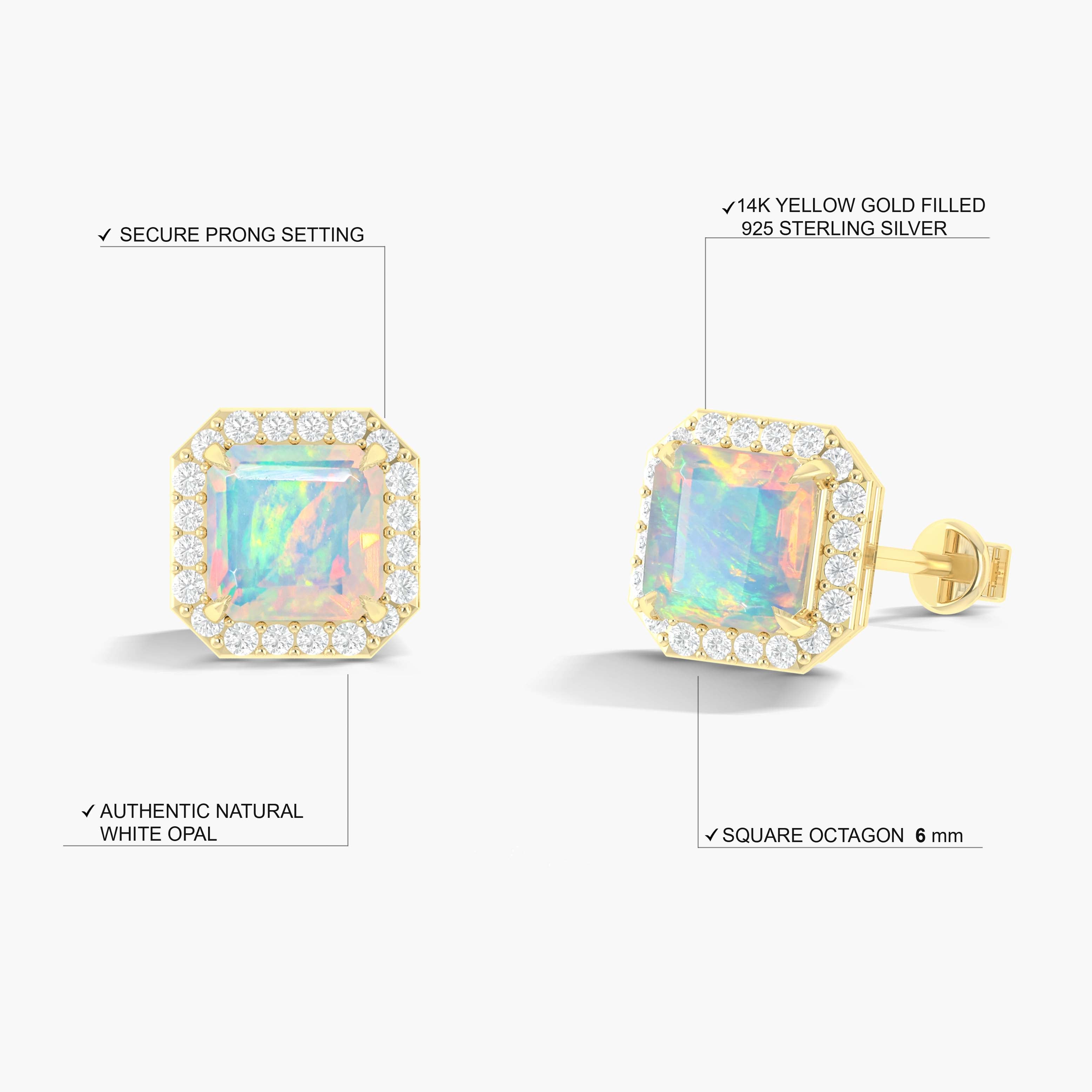 Natural White Opal Stud Earrings for Women - 925 Sterling Silver Push Back Earrings for Daily Wear & Special Occasions