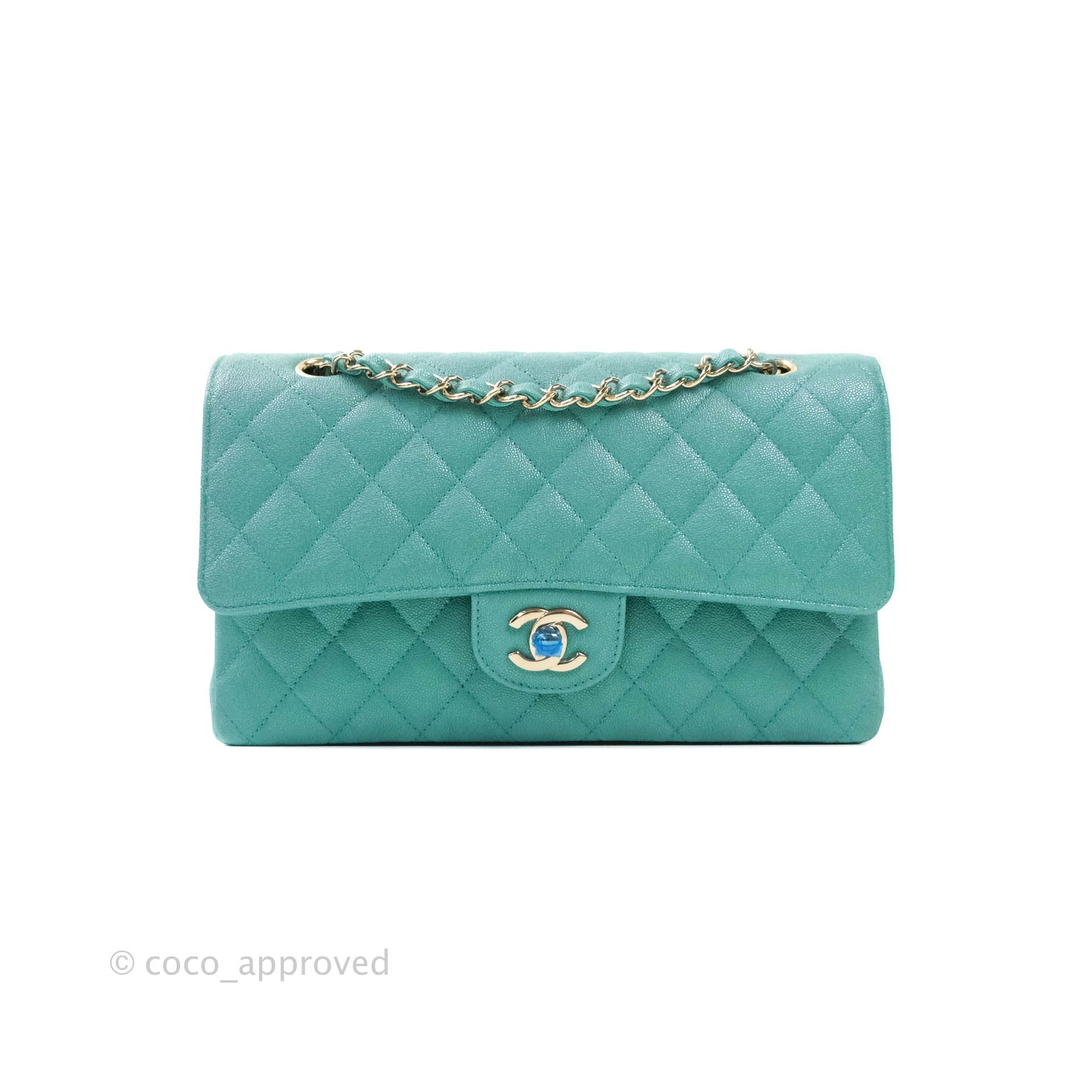 Chanel Classic Medium Double Flap Bag - Iridescent Turquoise Caviar Leather with Gold Hardware | Luxury Designer Handbag for Women | Perfect for Parties, Weddings & Special Occasions