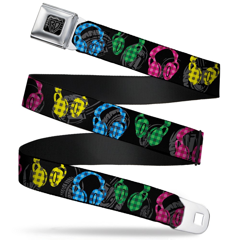 Buckle-Down Seatbelt Belt - Headphones Buffalo Plaid Black/Neon - 1.0