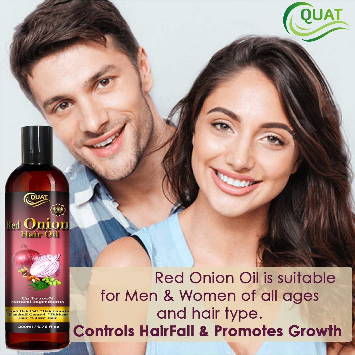Quat Effective Red Onion Hair Oil for Hair Growth, Dandruff Control & Thickening - 200ml | Promotes Healthy, Shiny Hair for Men & Women | Perfect for Daily Scalp Massage & Hair Care Routine