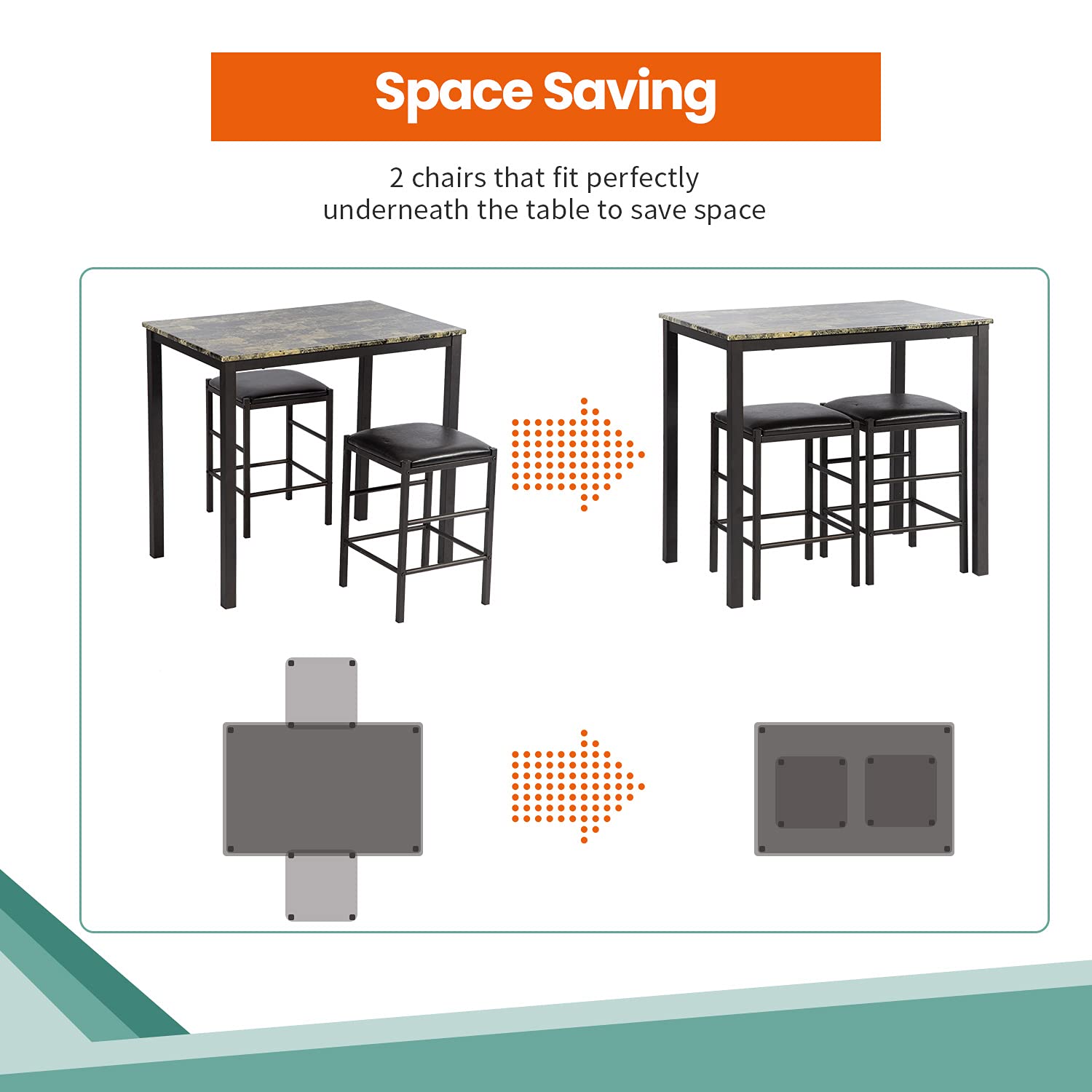 FDW Marble Rectangular Dining Table Set with 2 Chairs - Modern Wood Kitchen Breakfast Table for Small Spaces | Perfect for Apartments, Condos & Cozy Dining Rooms