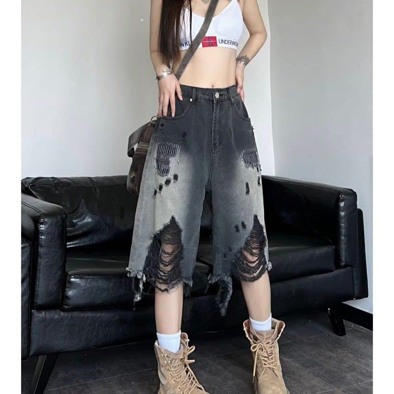 Women's Y2K Distressed Ripped Baggy Denim Shorts - Knee Length Wide Leg Bermuda Jean Shorts for Alt Emo Grunge Style | Perfect for Summer Outfits, Music Festivals & Streetwear Fashion