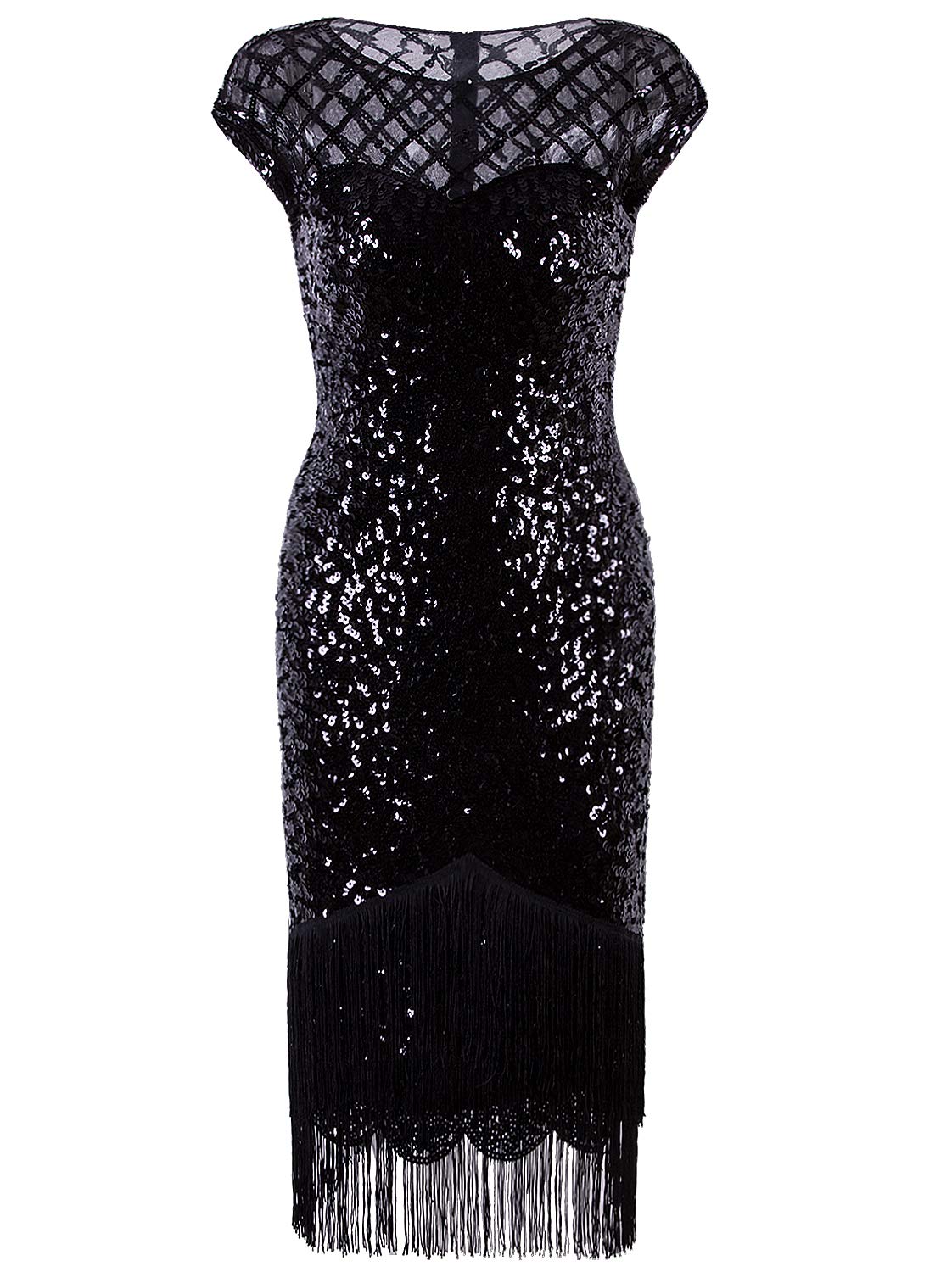 VIJIV Women's Vintage 1920s Black Sequin Fringe Flapper Dress with Sleeves - Art Deco Sparkly Cocktail Party Dress for Gatsby Themed Events, Roaring 20s Costume, Halloween & New Year's Eve Parties