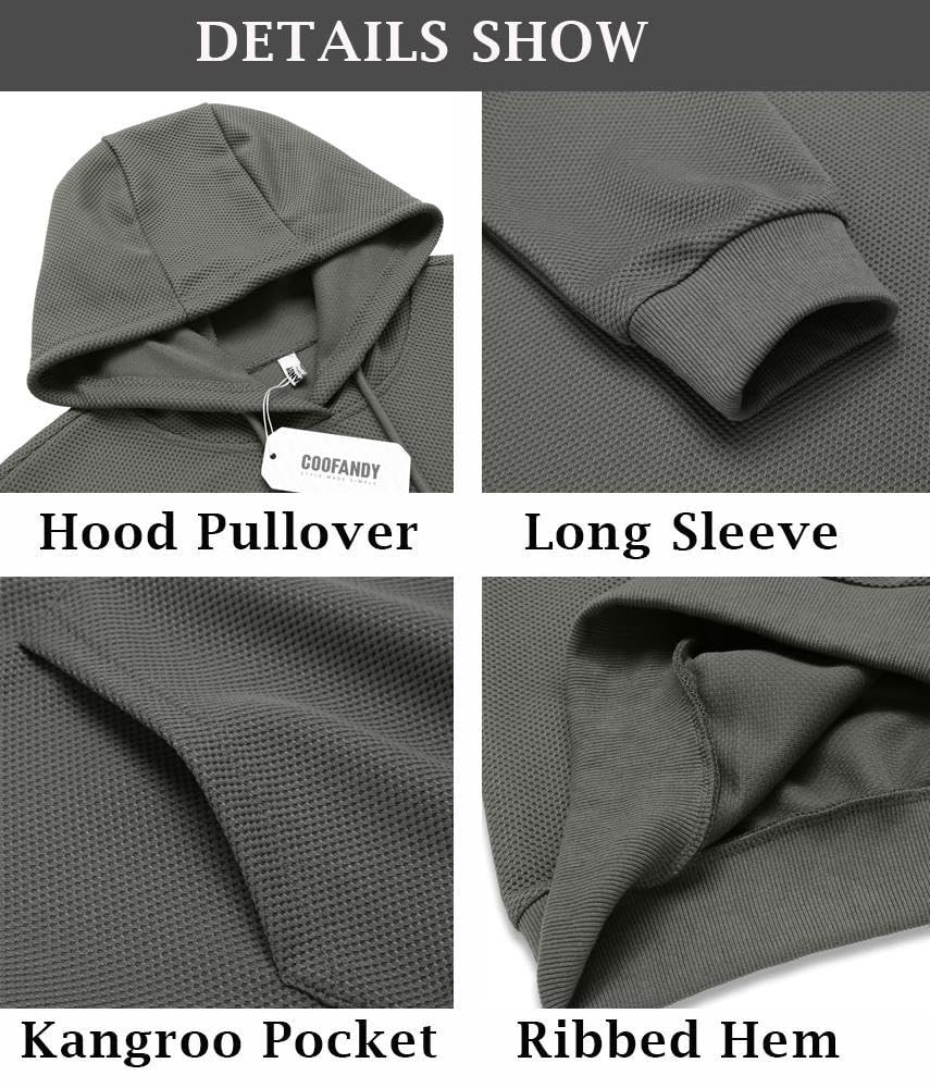 COOFANDY Men's Hooded Sweatshirt - Long Sleeve Waffle Knit Pullover Hoodie with Kangaroo Pocket | Casual Warm Winter Wear for Outdoor Activities & Lounge
