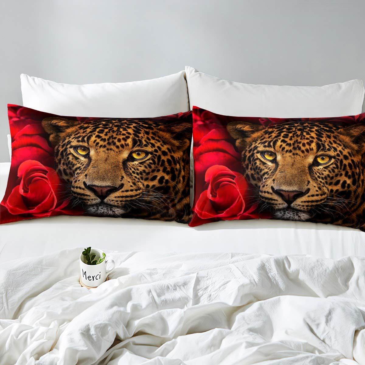 Red Rose Cheetah Print Comforter Set Twin Size - Leopard Pattern Duvet Cover with Floral Design, Safari Animal Theme Bedding for Boys, Girls, Teens & Adults - Perfect for Jungle Themed Bedrooms & Wild Animal Lovers