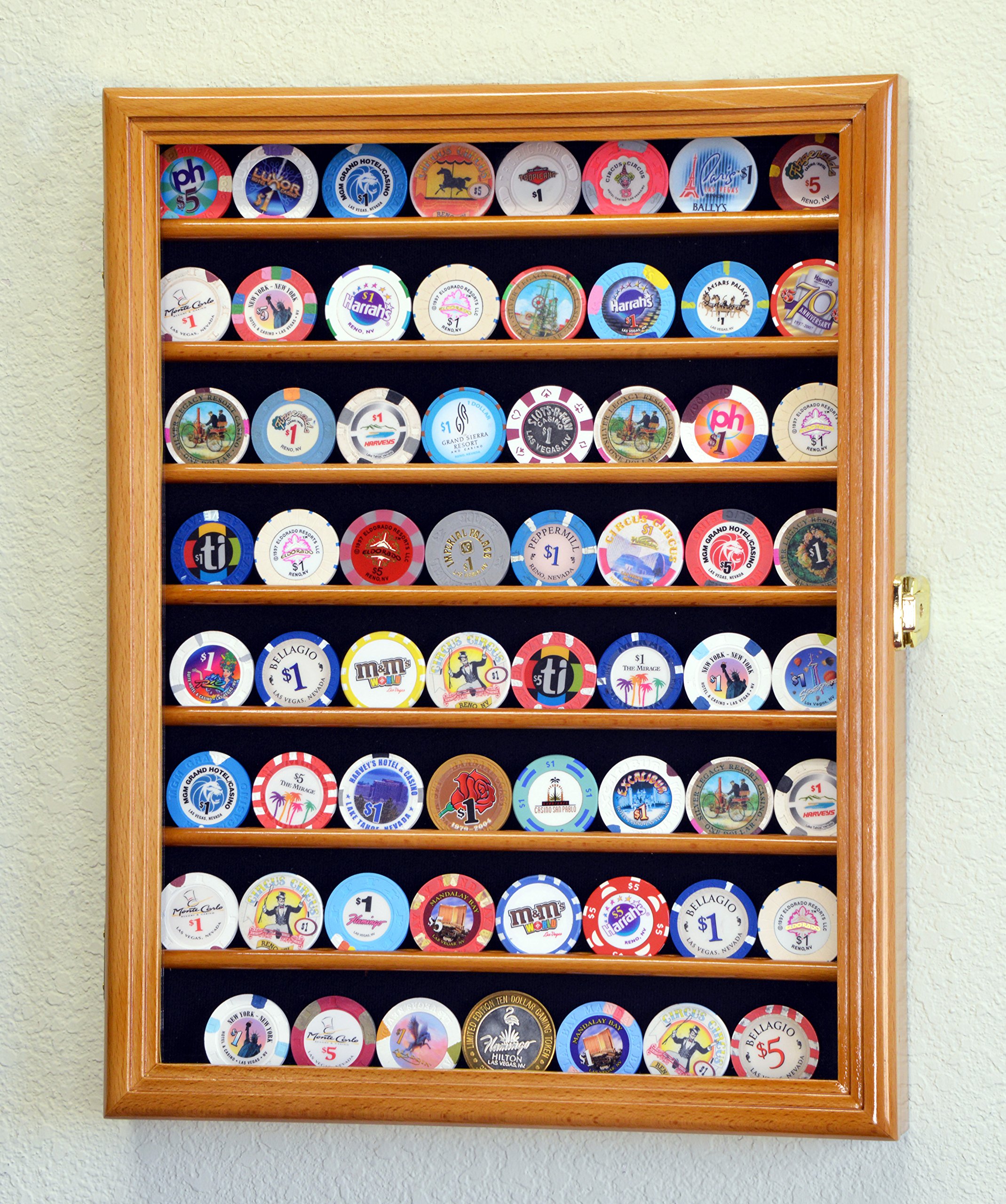 64-Slot Casino Chip Display Case - Lockable Oak Wood Wall Cabinet with 98% UV Protection for Poker Chips & Collectibles - Perfect for Home Game Rooms, Bars, and Casino Themed Decor