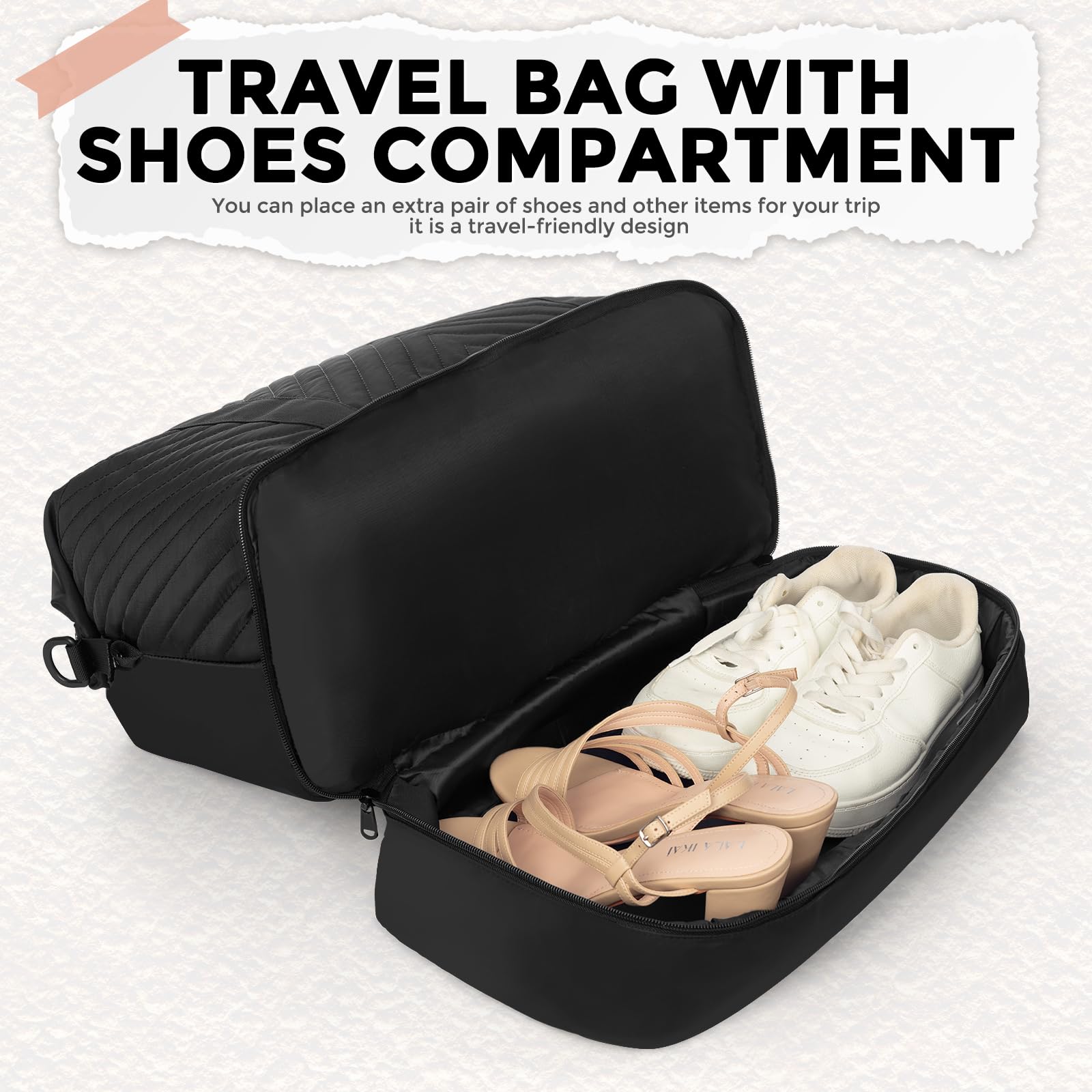 Best Travel Duffle Bag for Women - Large Weekender Gym Bag with Shoe Compartment & Toiletry Pocket - Perfect as Airplane Carry-On or Overnight Shoulder Tote - Black Personal Item Bag for Travel, Workout & Weekend Getaways