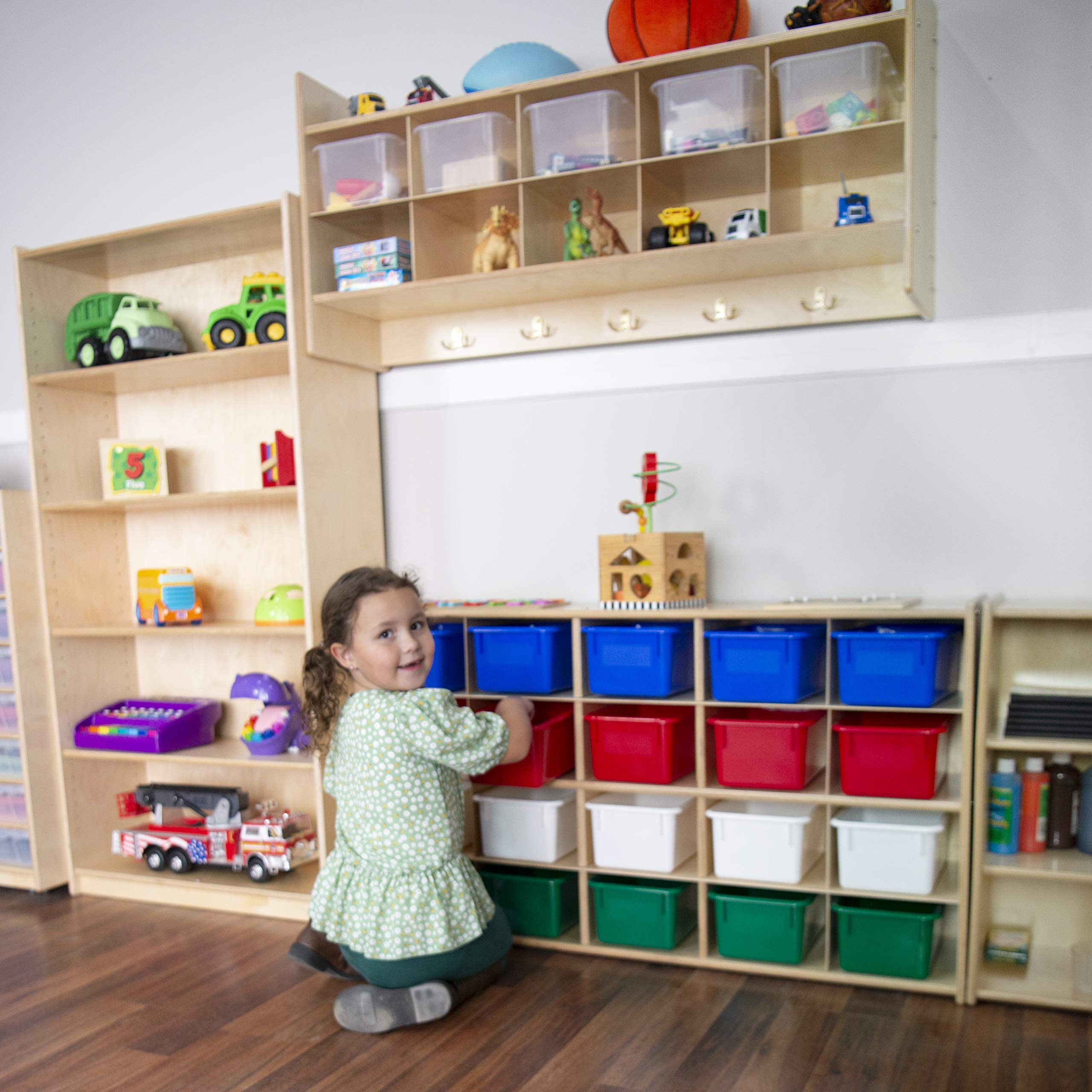 Contender Cubby Storage Shelves with Bins & 20 Orange Trays - Kids Stationery Organizer | Solid Wood Cabinet for Classroom & Home Organization | Perfect for Toy Storage, Craft Supplies & School Essentials